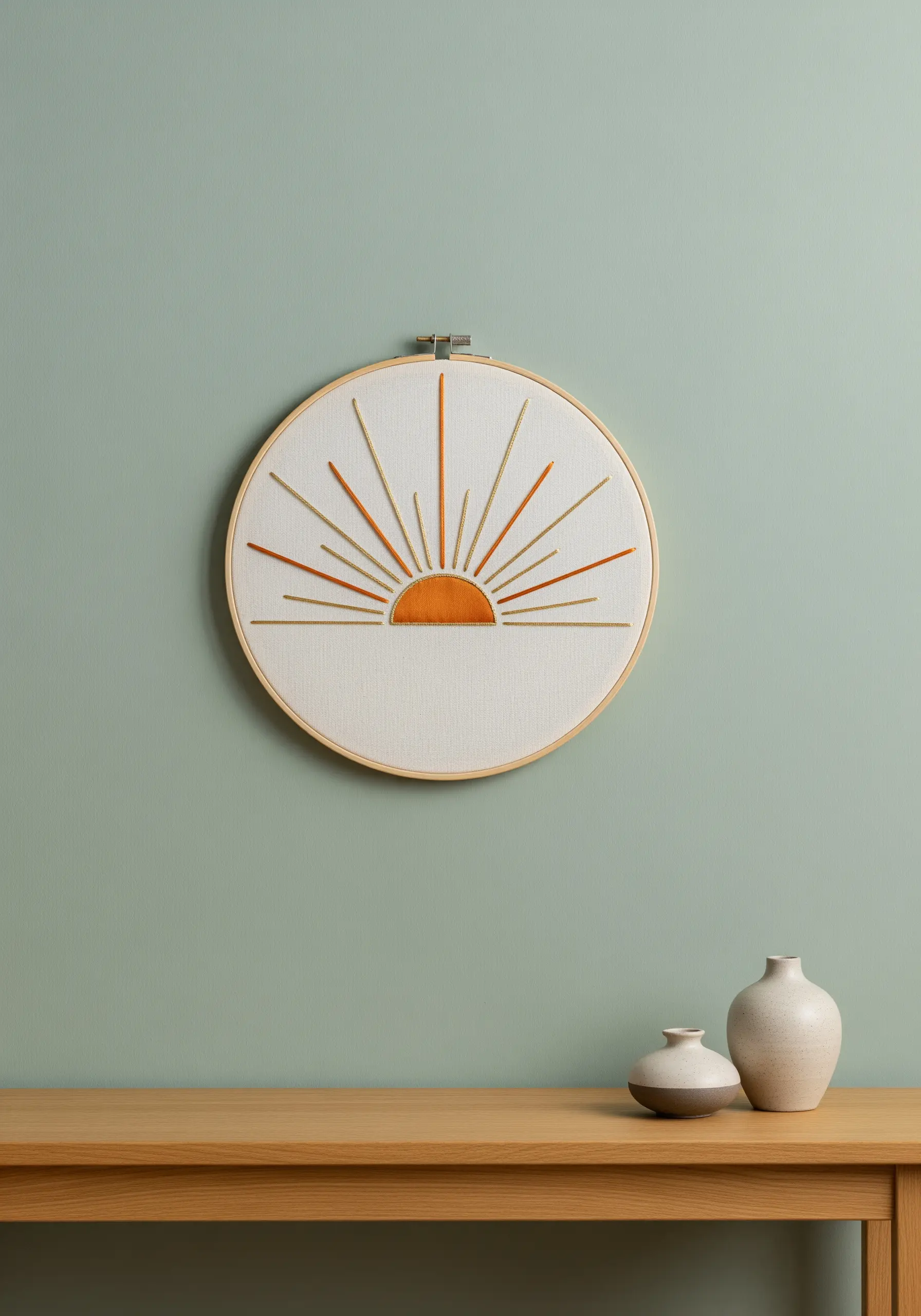 Minimalist embroidered sunburst with orange and gold rays in a wooden hoop.