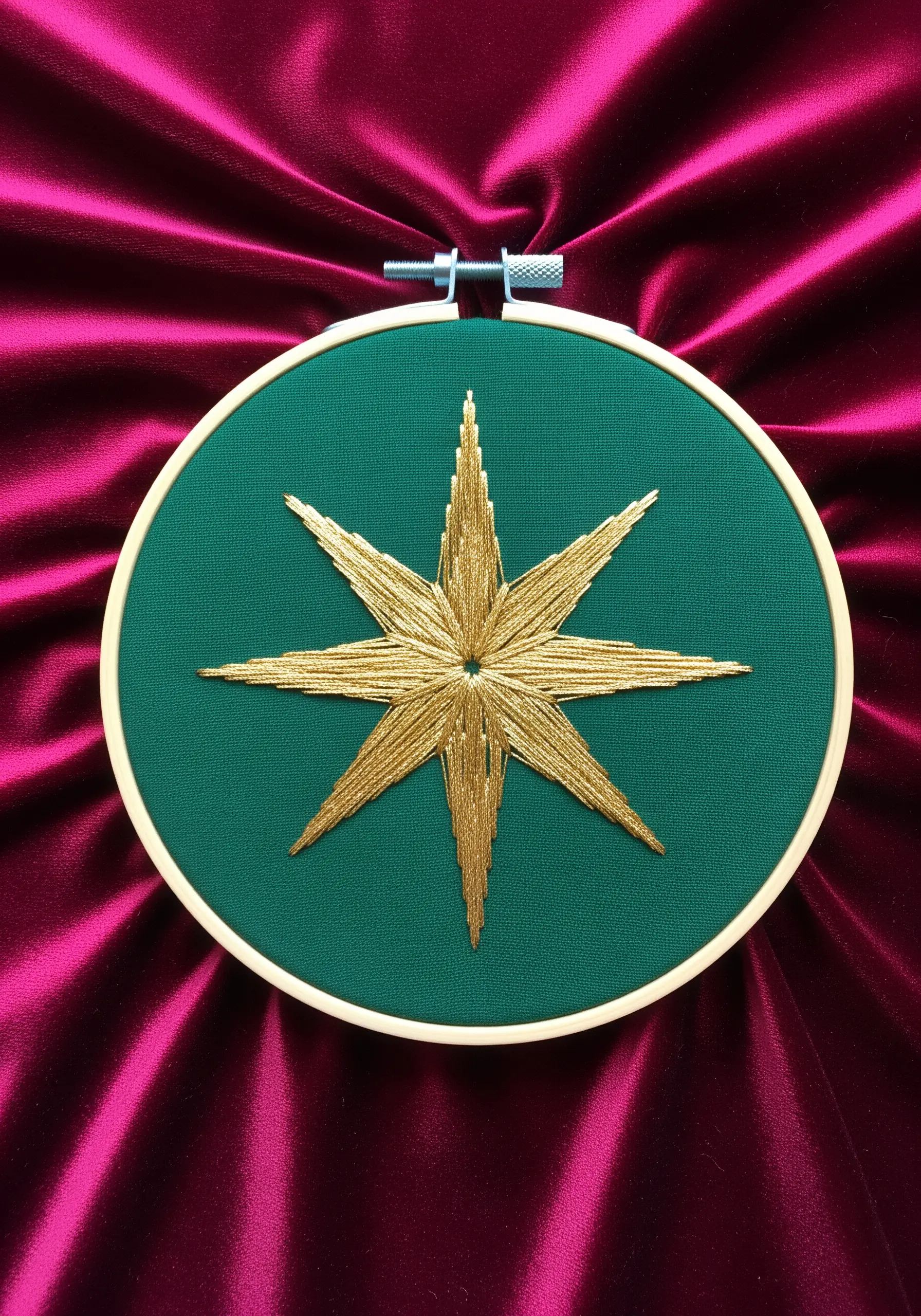 Gold starburst embroidery on green fabric