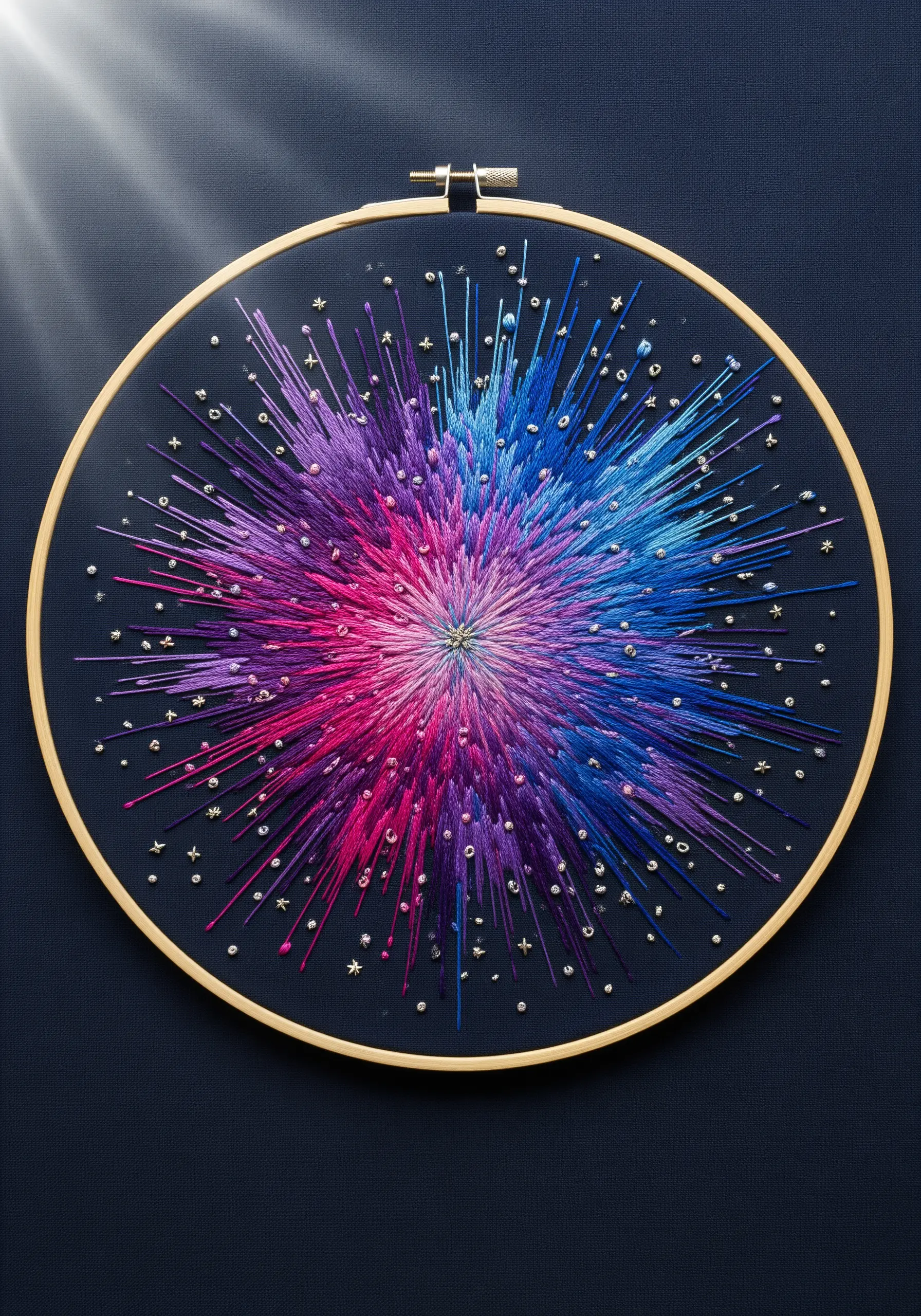 Abstract cosmic burst embroidery with blended threads and bead details on dark fabric.