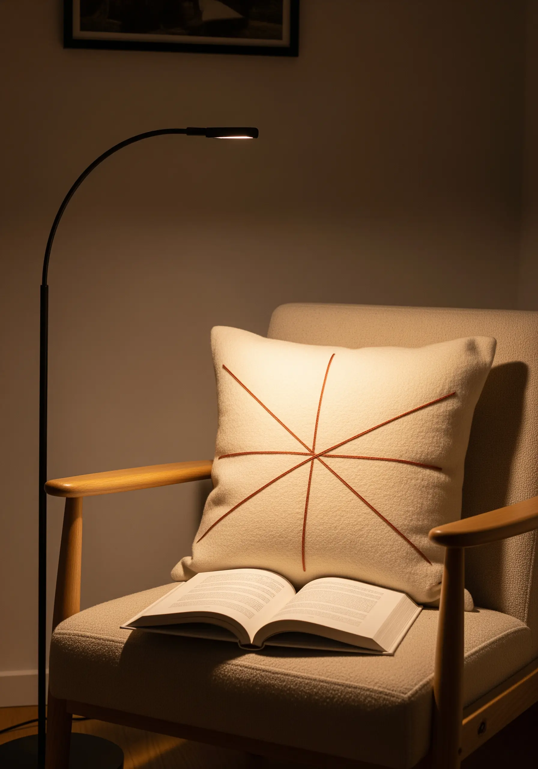 Cushion with radiating lines embroidered in a starburst pattern with rust-colored thread.
