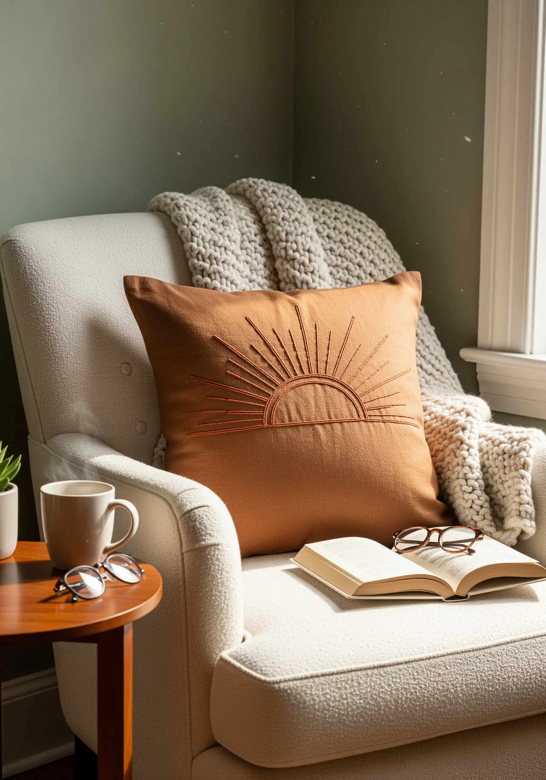 A rising sun motif with radiating lines embroidered on a terracotta-colored cushion.