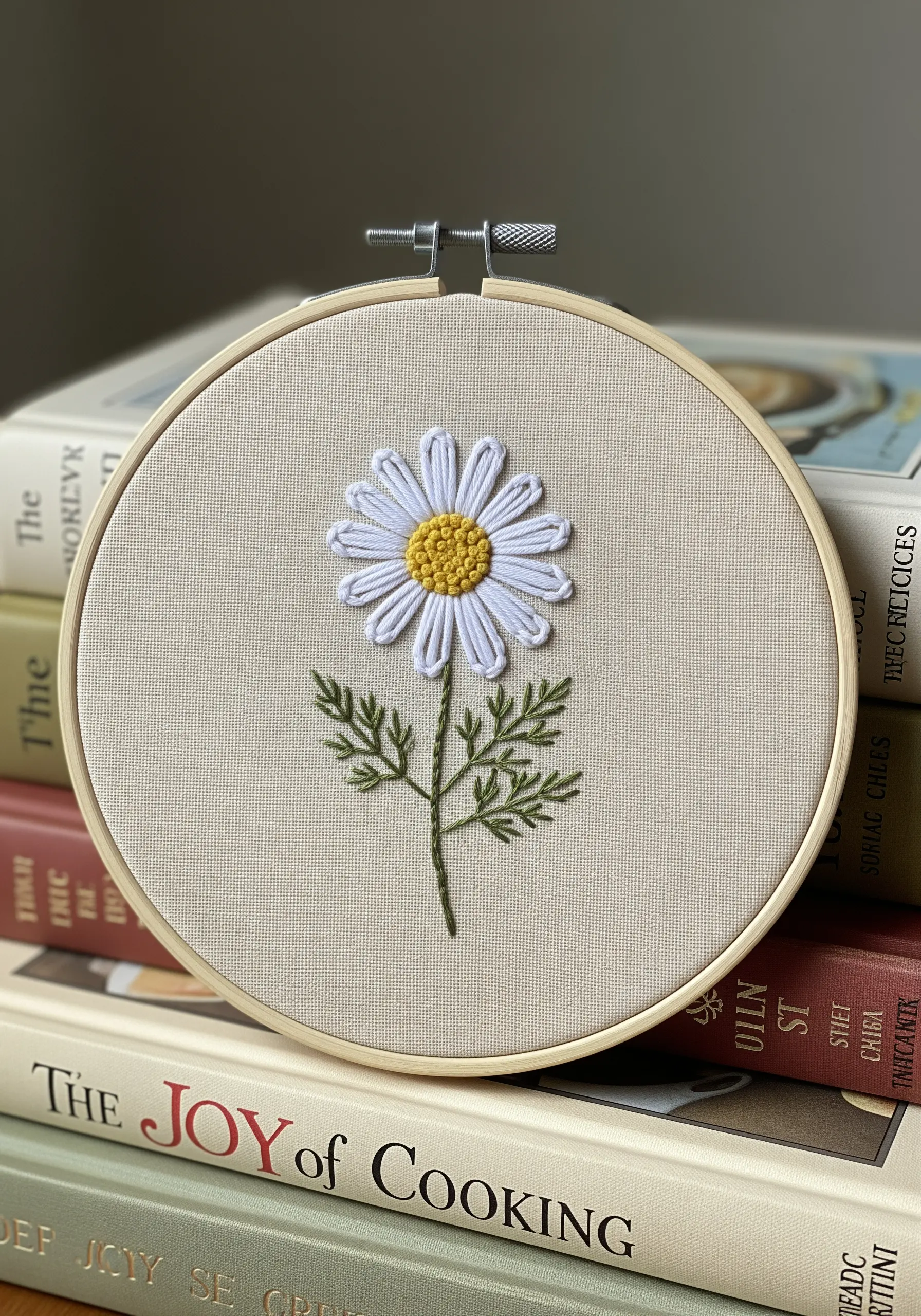 A chamomile flower with raised white petals and a dense yellow French knot center.