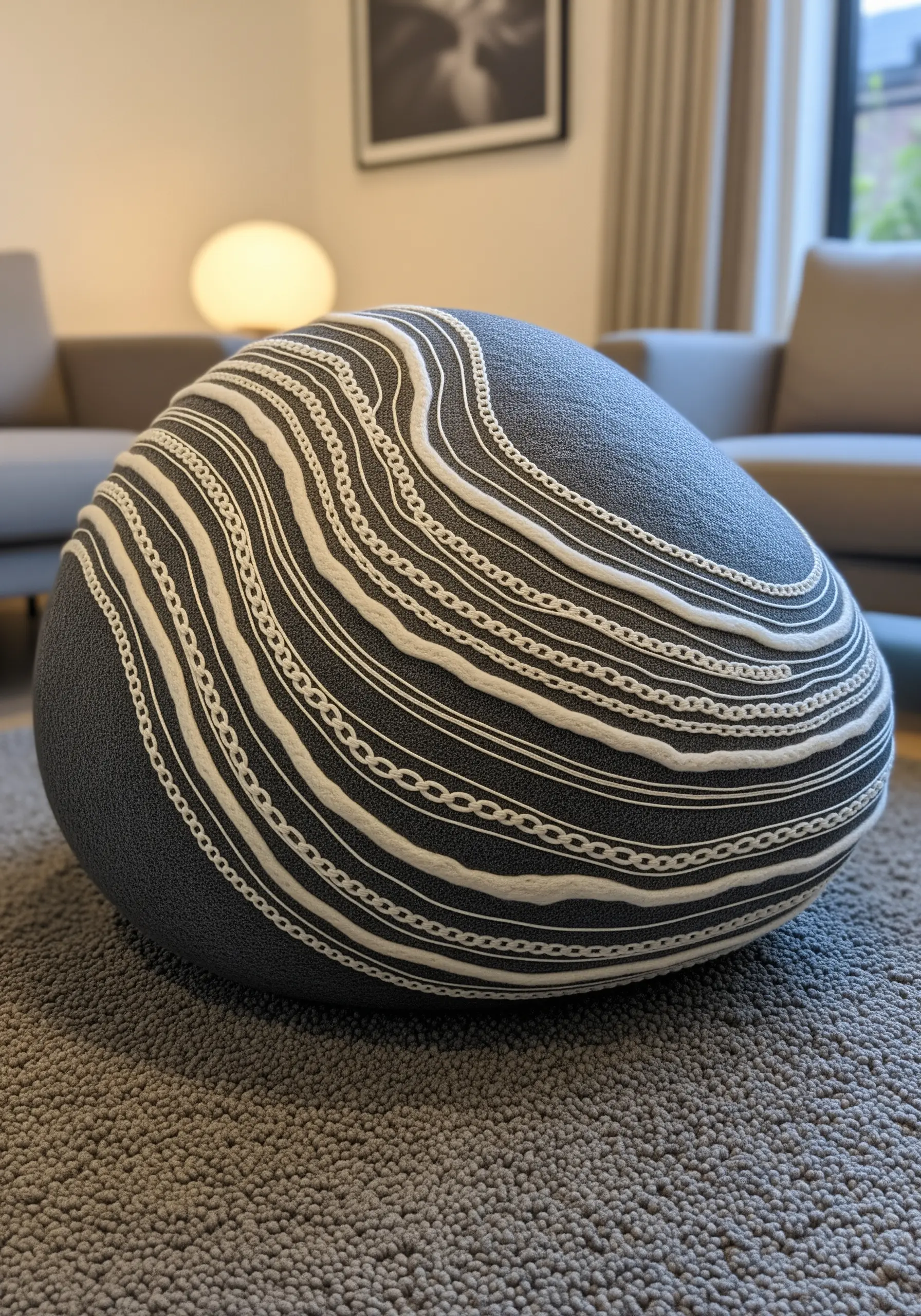 A large, dark gray, stone-shaped cushion with raised white lines couched onto its surface in organic patterns.