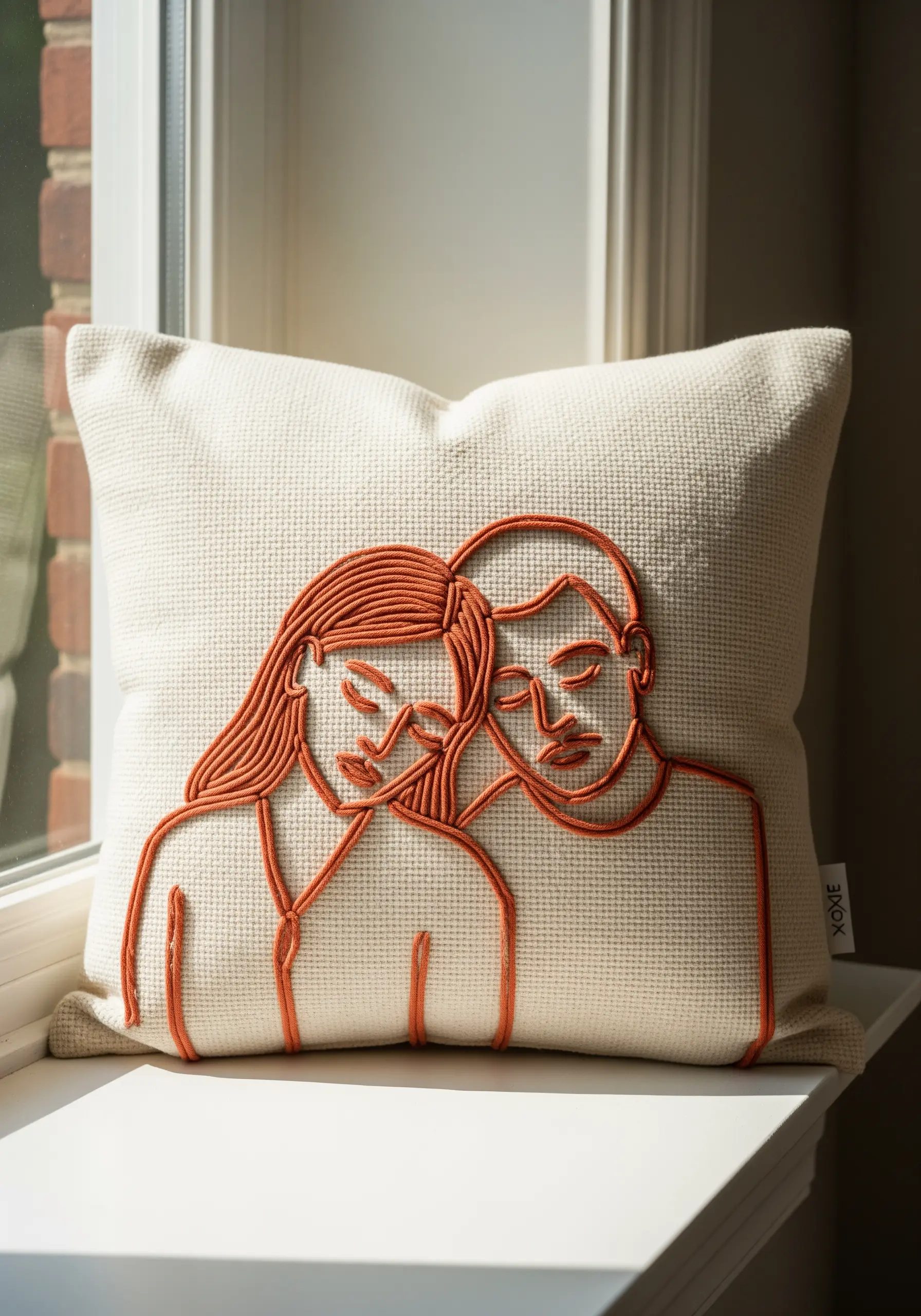 A portrait with raised, 3D outlines in terra-cotta cord on a textured white pillow.