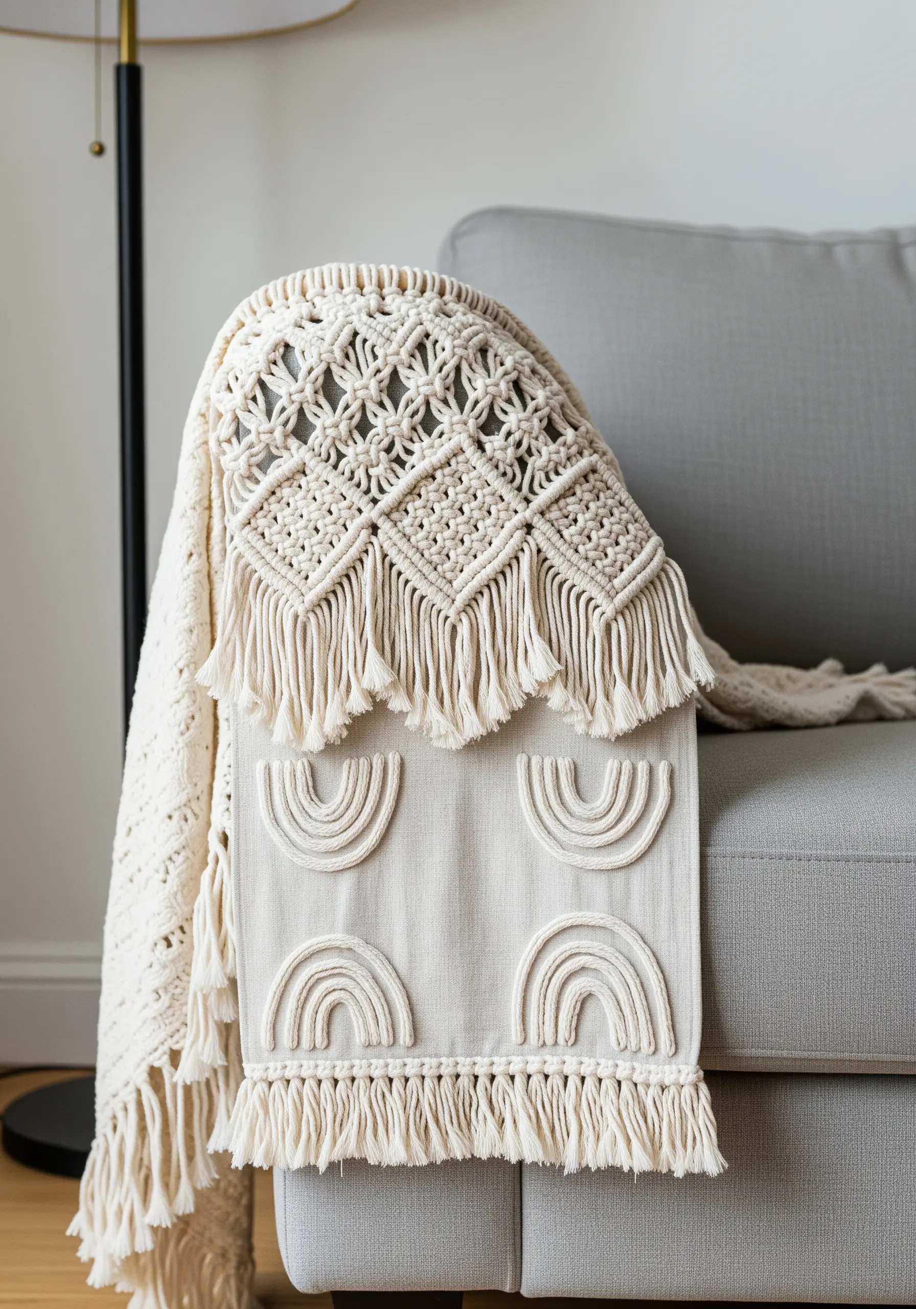 A neutral-colored throw with macrame details and raised, textural embroidered rainbow shapes.