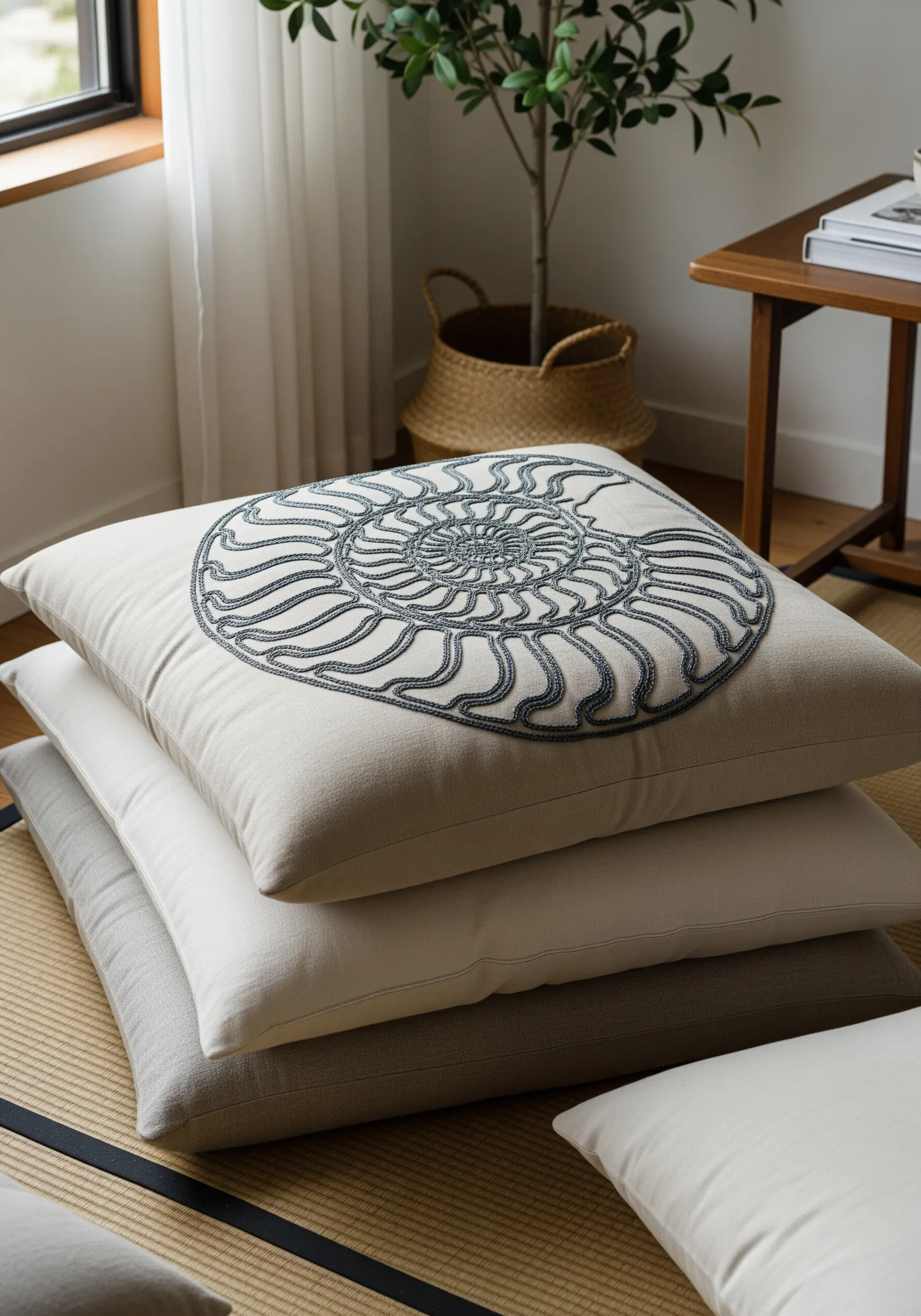 A nautilus shell motif embroidered on a floor cushion using a raised, corded stitch.