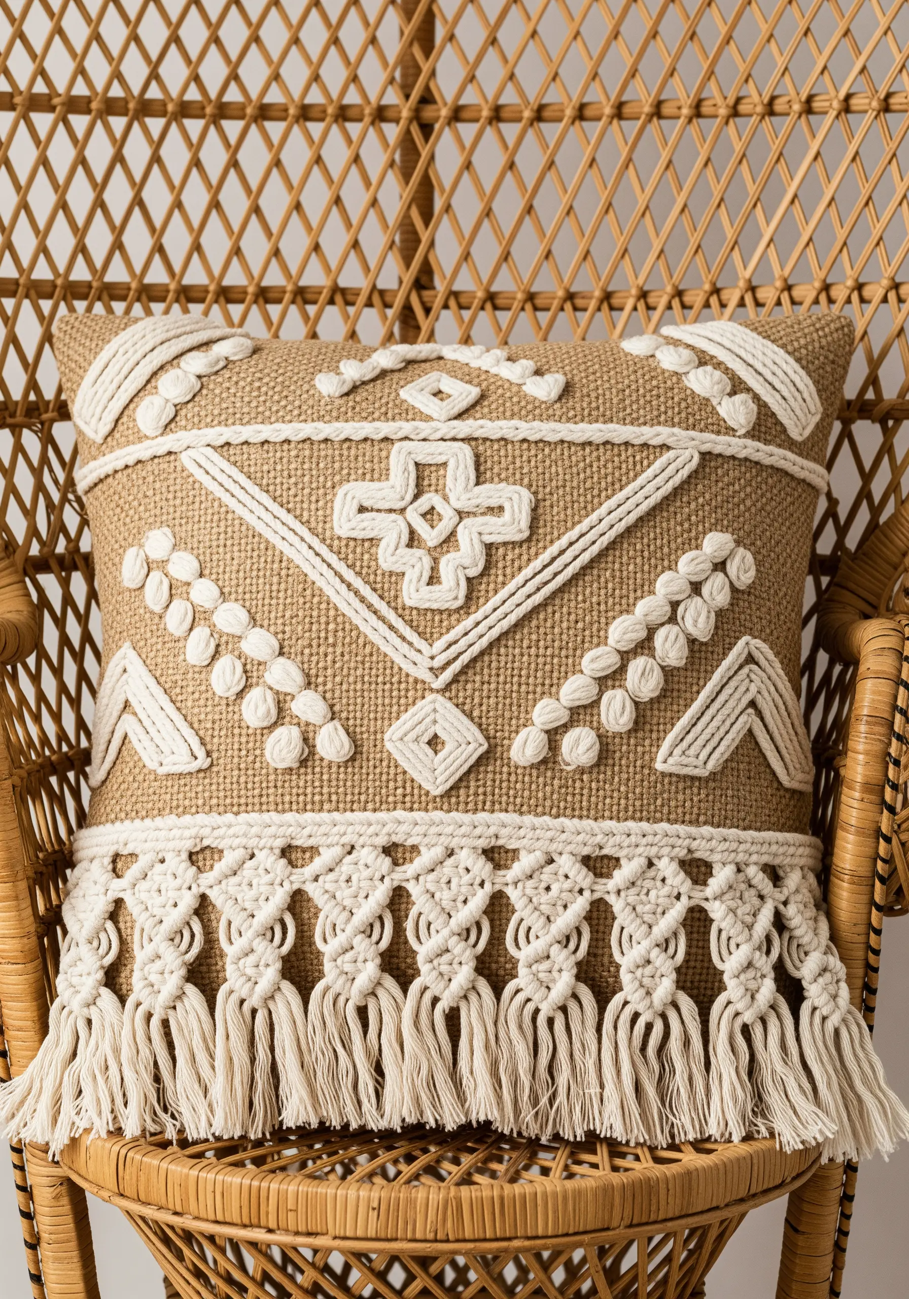 Textured embroidery with French knots and macrame fringe on a burlap pillow.