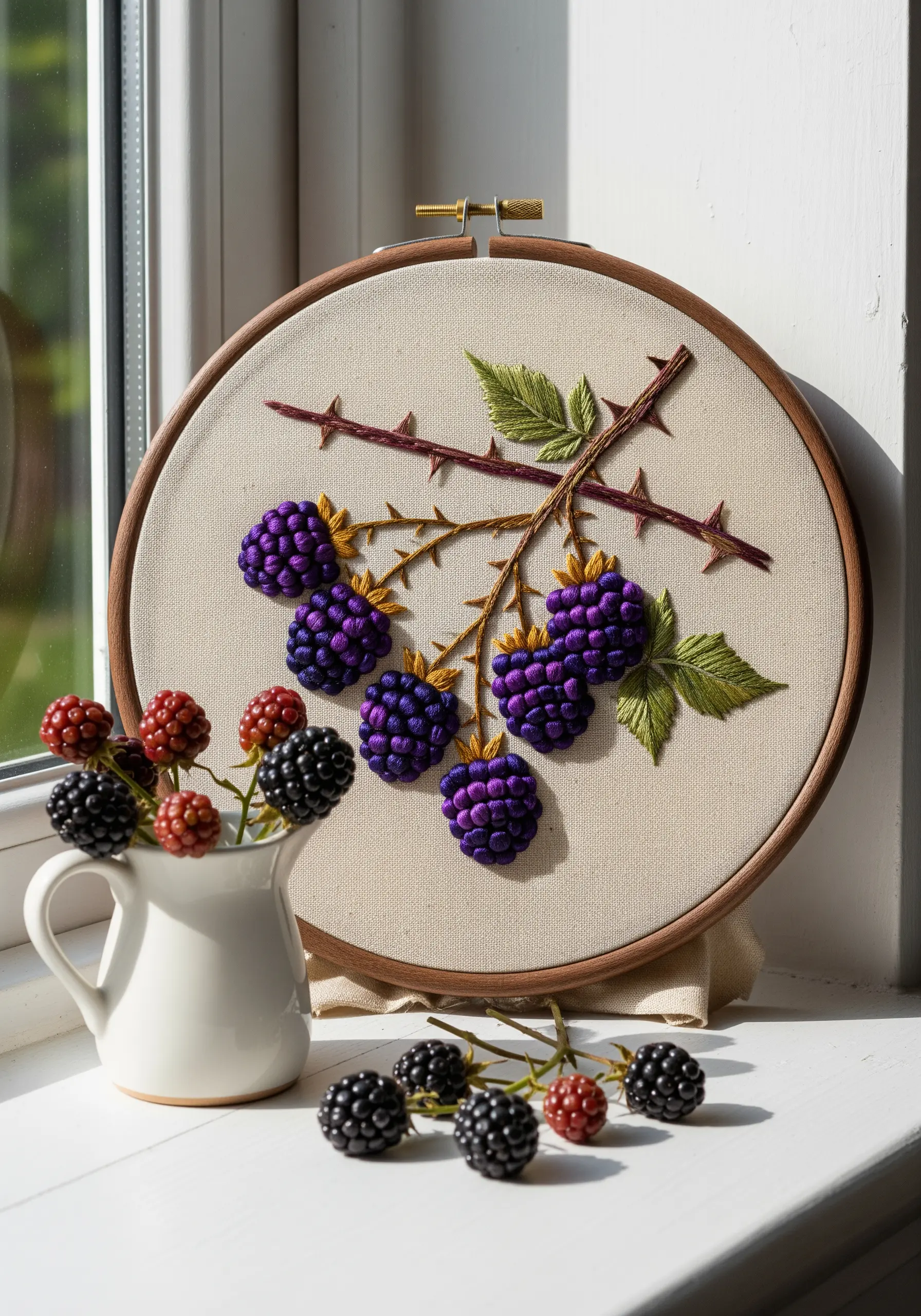 Embroidered blackberries made from purple and blue bullion knots on a thorny branch.