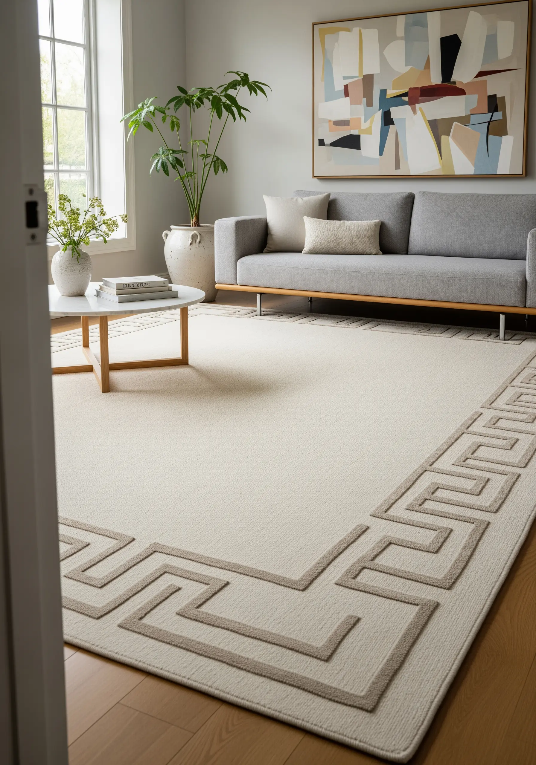 A close-up of a rug with a raised geometric border in a neutral taupe color.