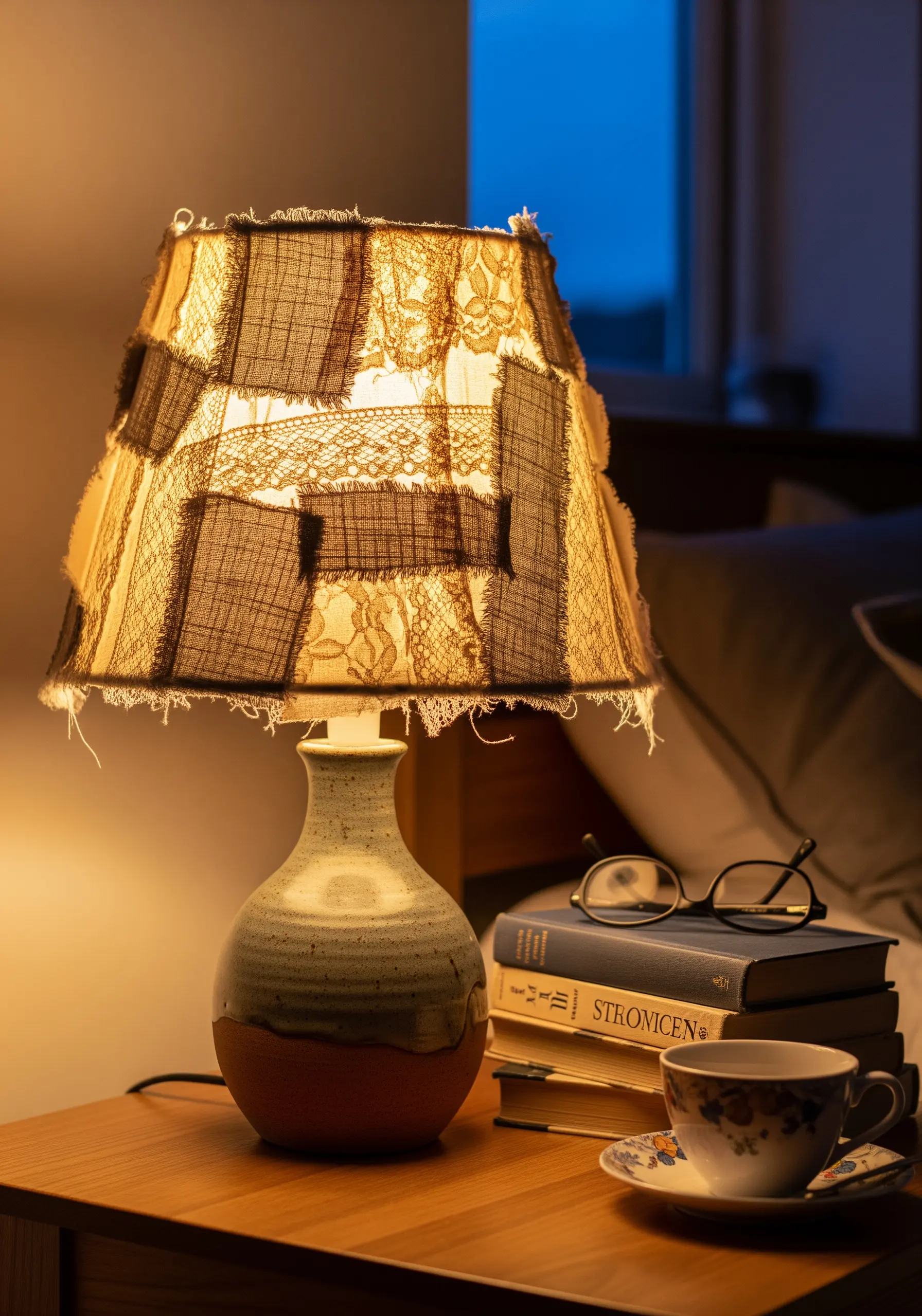 Patchwork fabric lampshade with raw edges