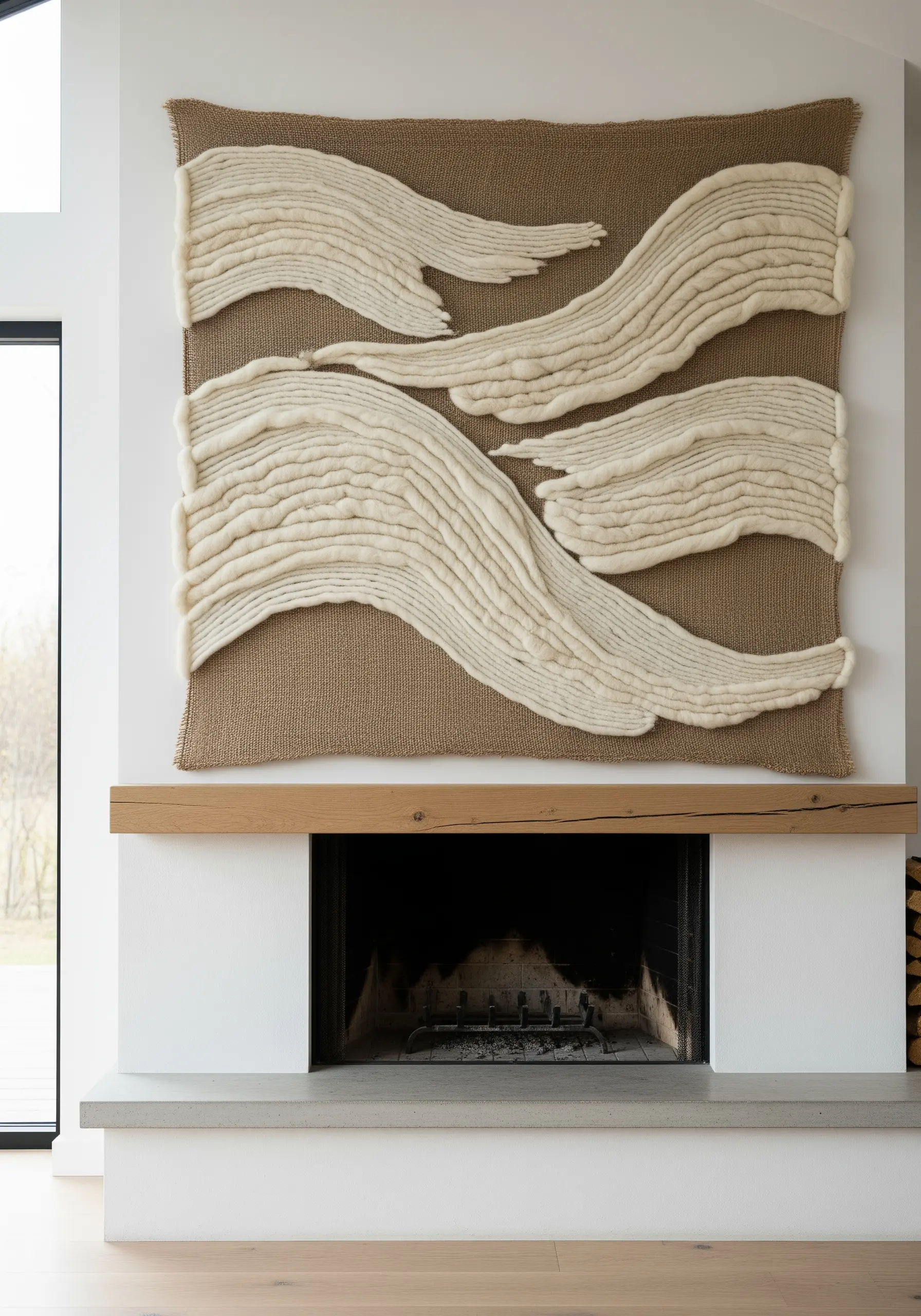 Cream wool waves mounted on brown burlap fabric