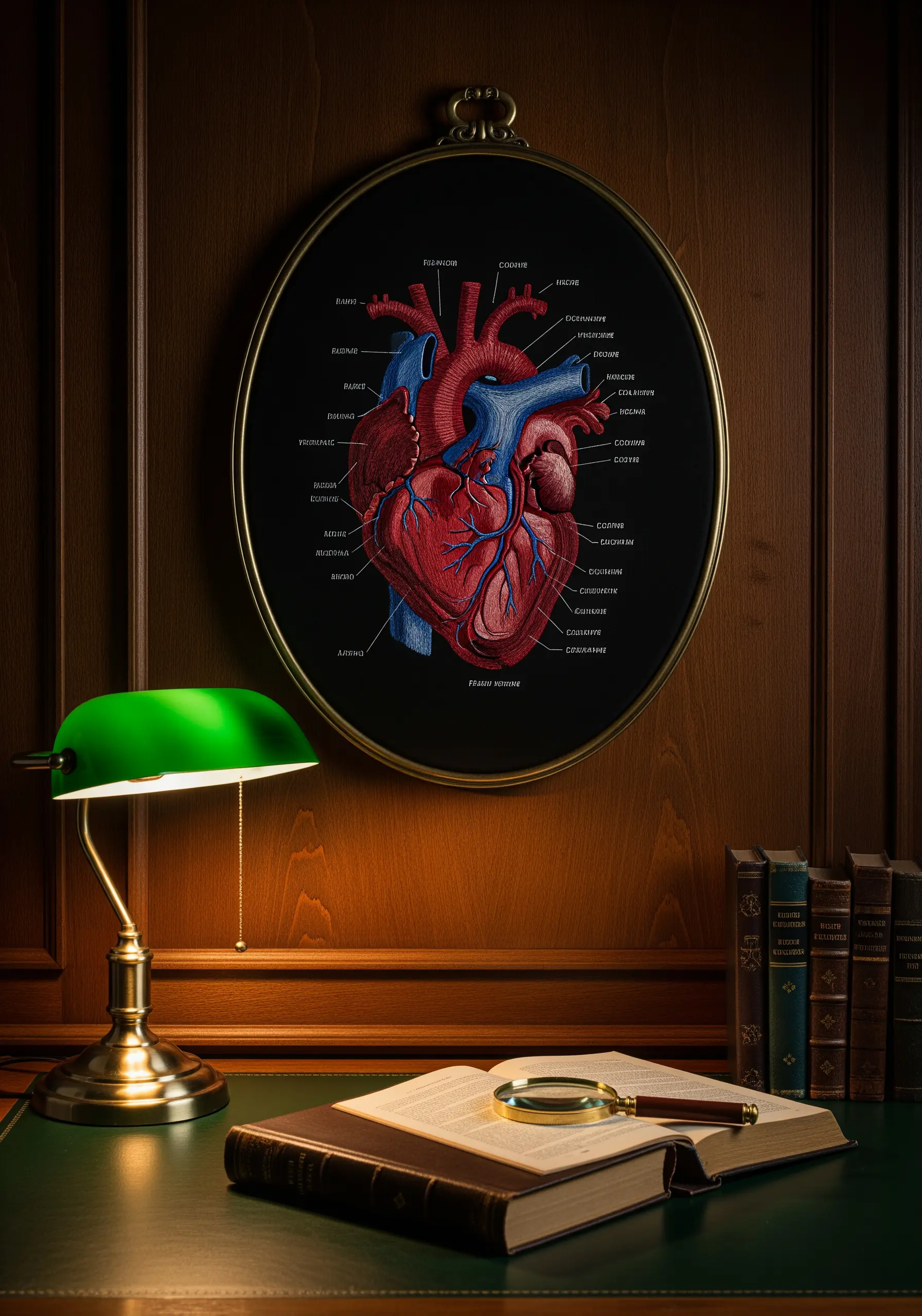 Anatomical heart embroidery with labels, stitched on black fabric in an oval frame.
