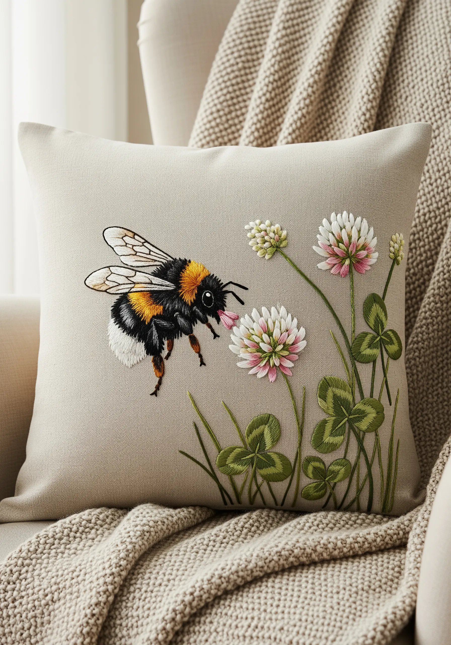 A highly detailed, thread-painted bumblebee on clover flowers, embroidered on a linen pillow.