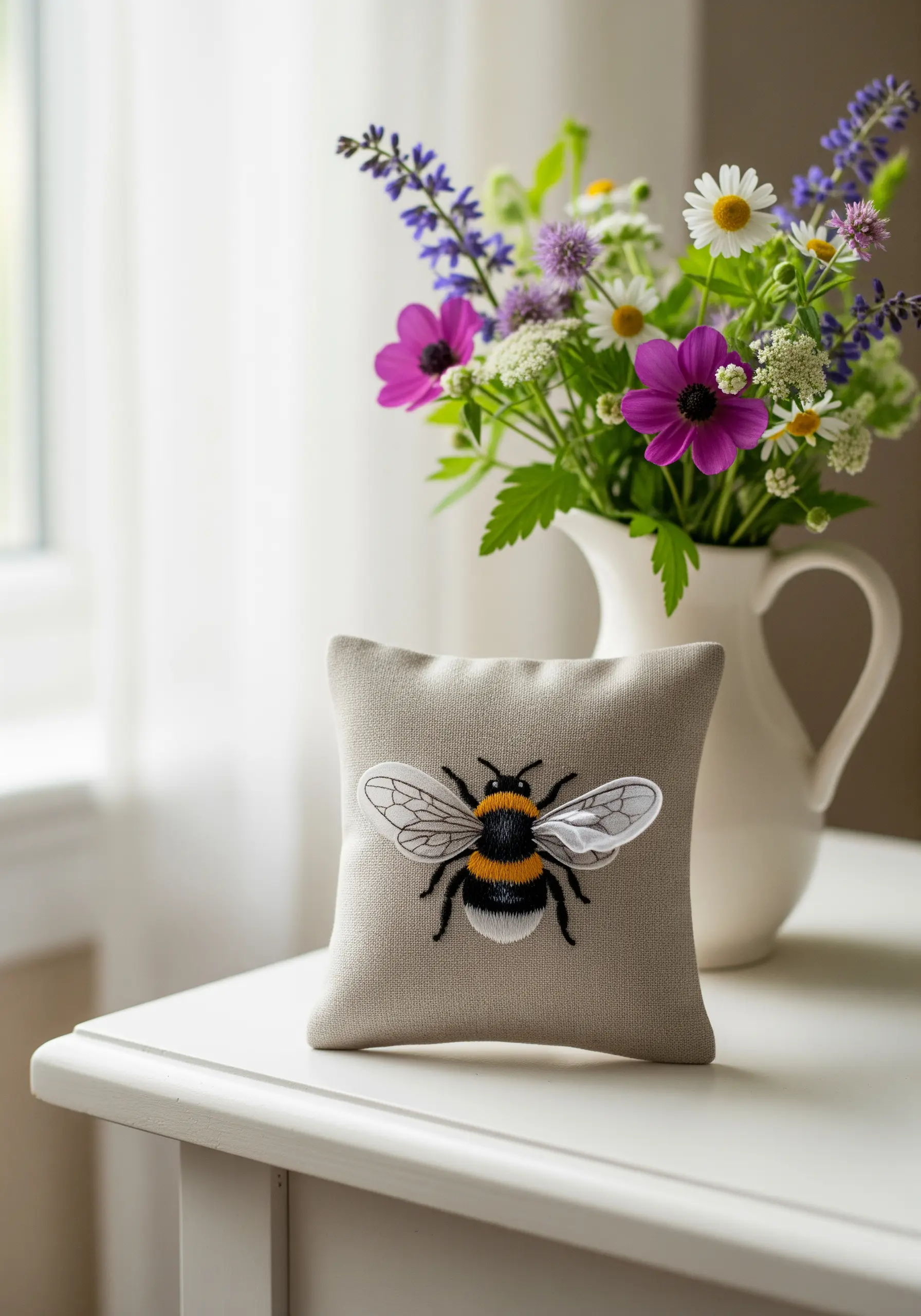 Realistic bumblebee embroidery on linen pillow