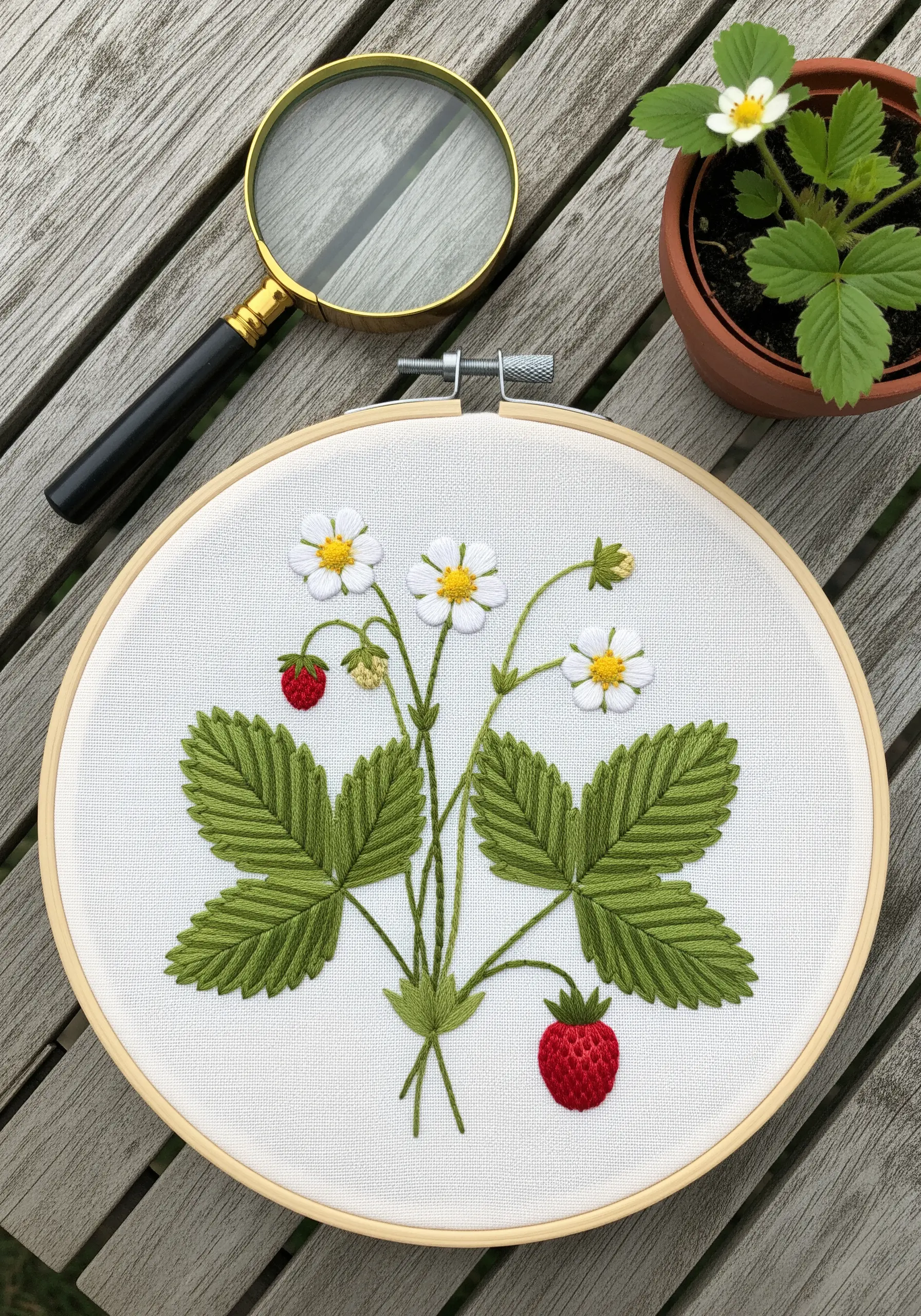 Embroidered wild strawberry plant with detailed fishbone stitch leaves and red berries.