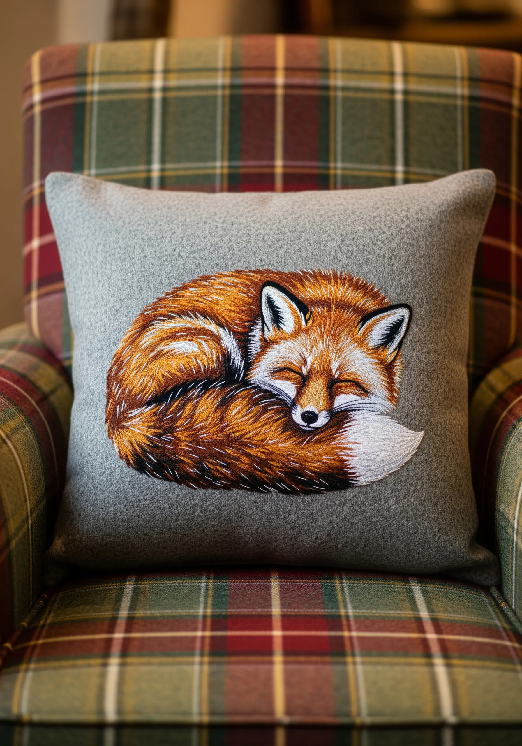 A realistically thread-painted sleeping fox on a gray wool pillow.