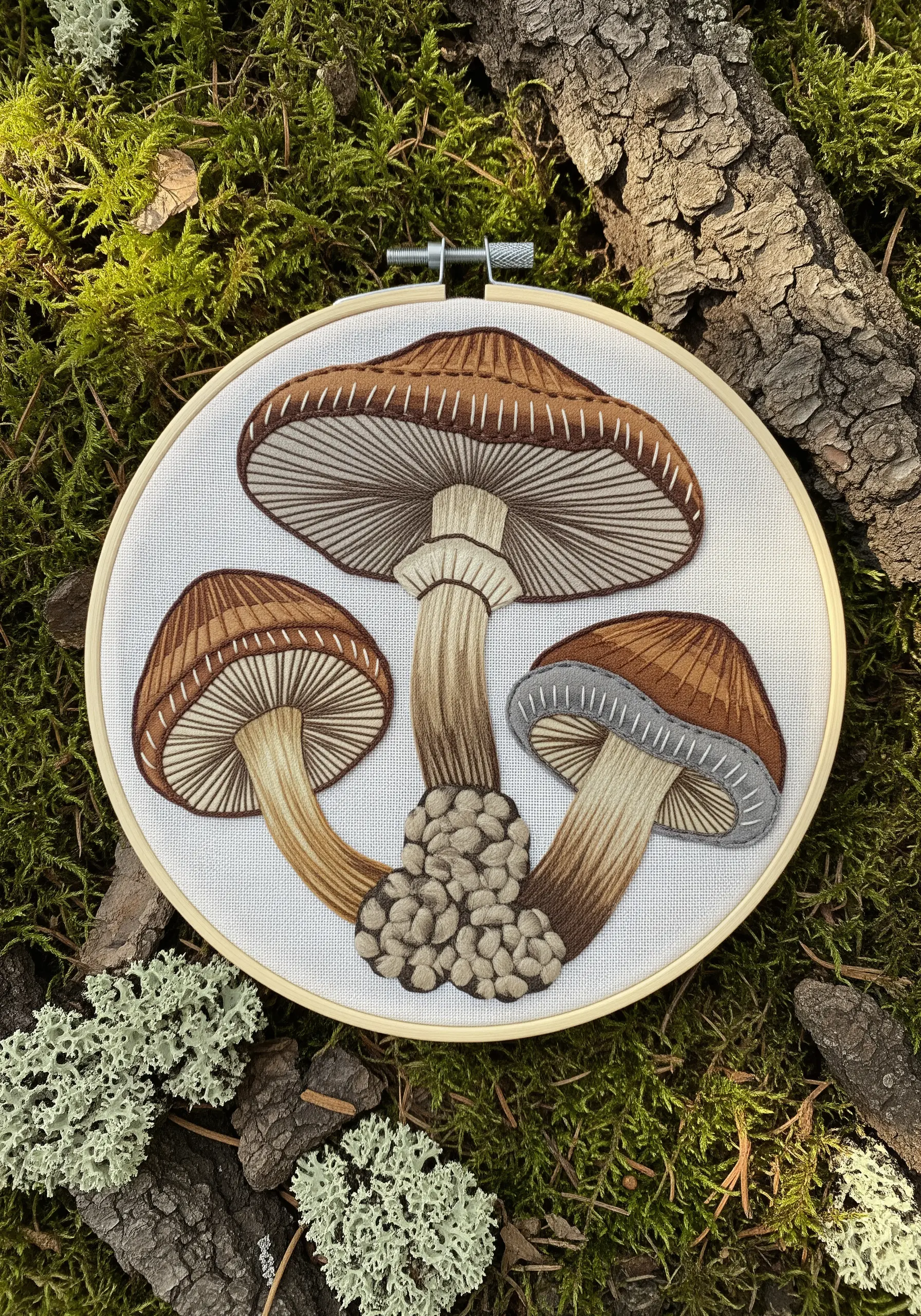 Detailed embroidery of three mushrooms, using fabric collage and thread painting for realism.