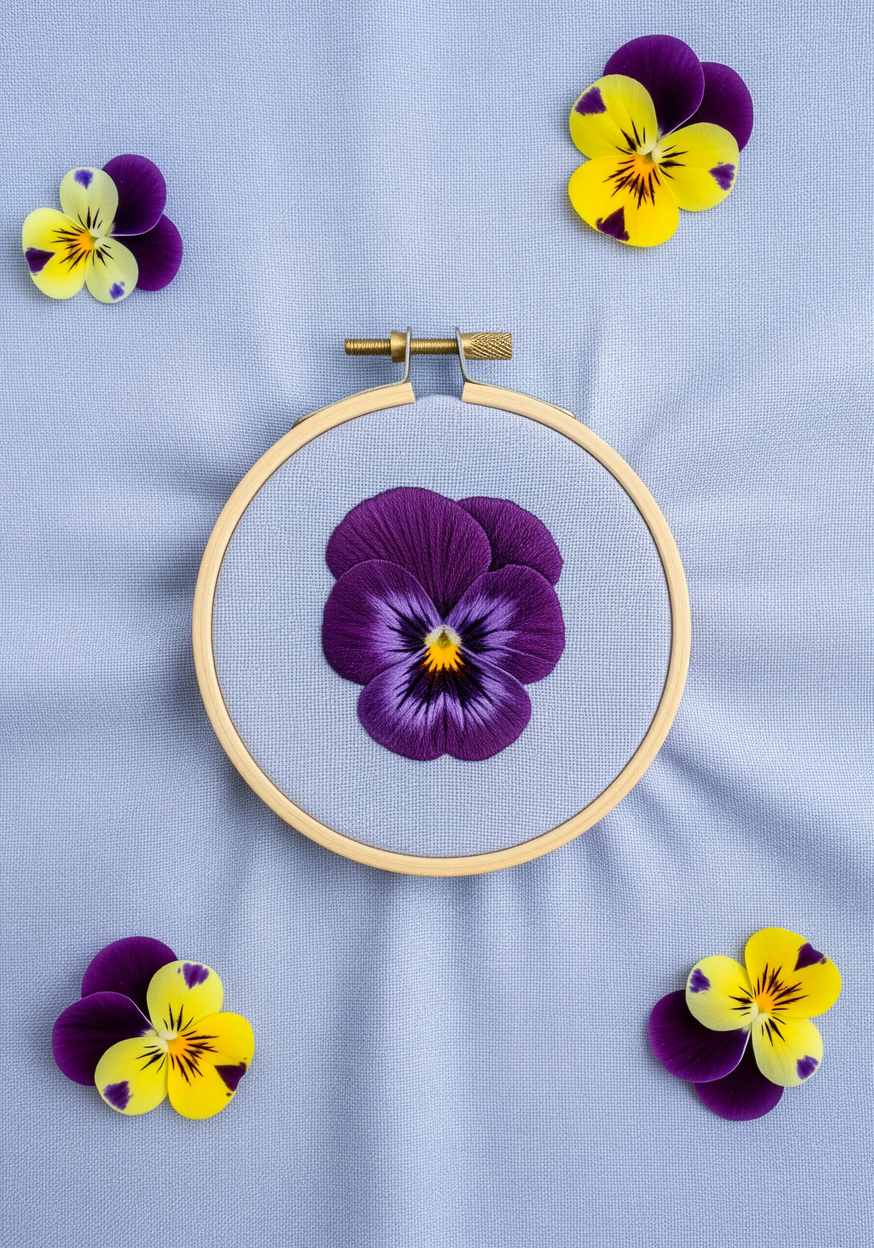 A hyper-realistic embroidered pansy in shades of purple and yellow using thread painting.