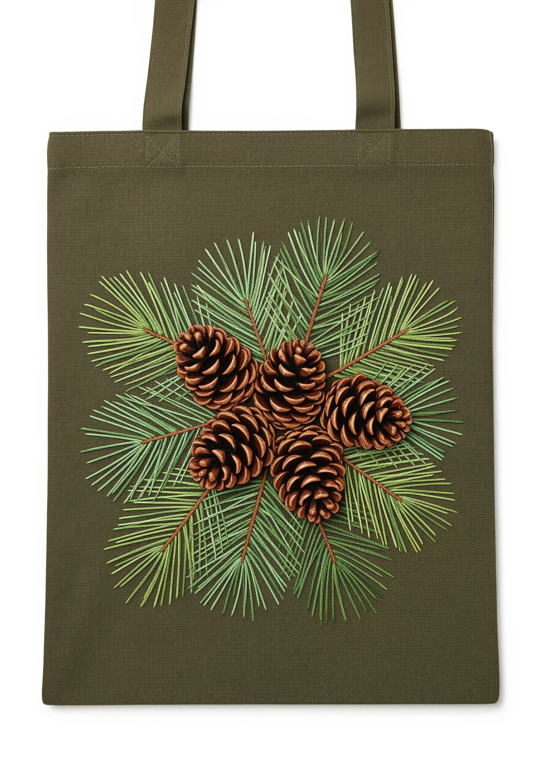 A realistic cluster of embroidered pine cones surrounded by radiating green pine needles on an olive tote.