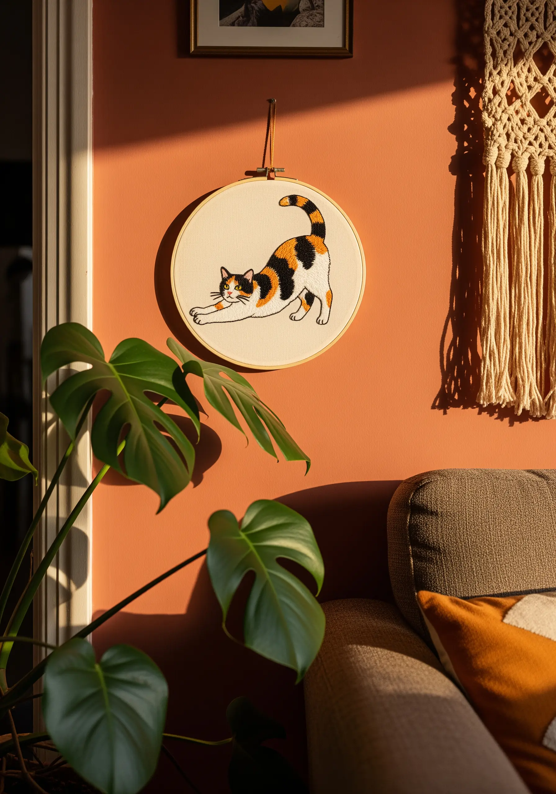 A stretching calico cat embroidered with distinct black, orange, and white satin stitch patches.