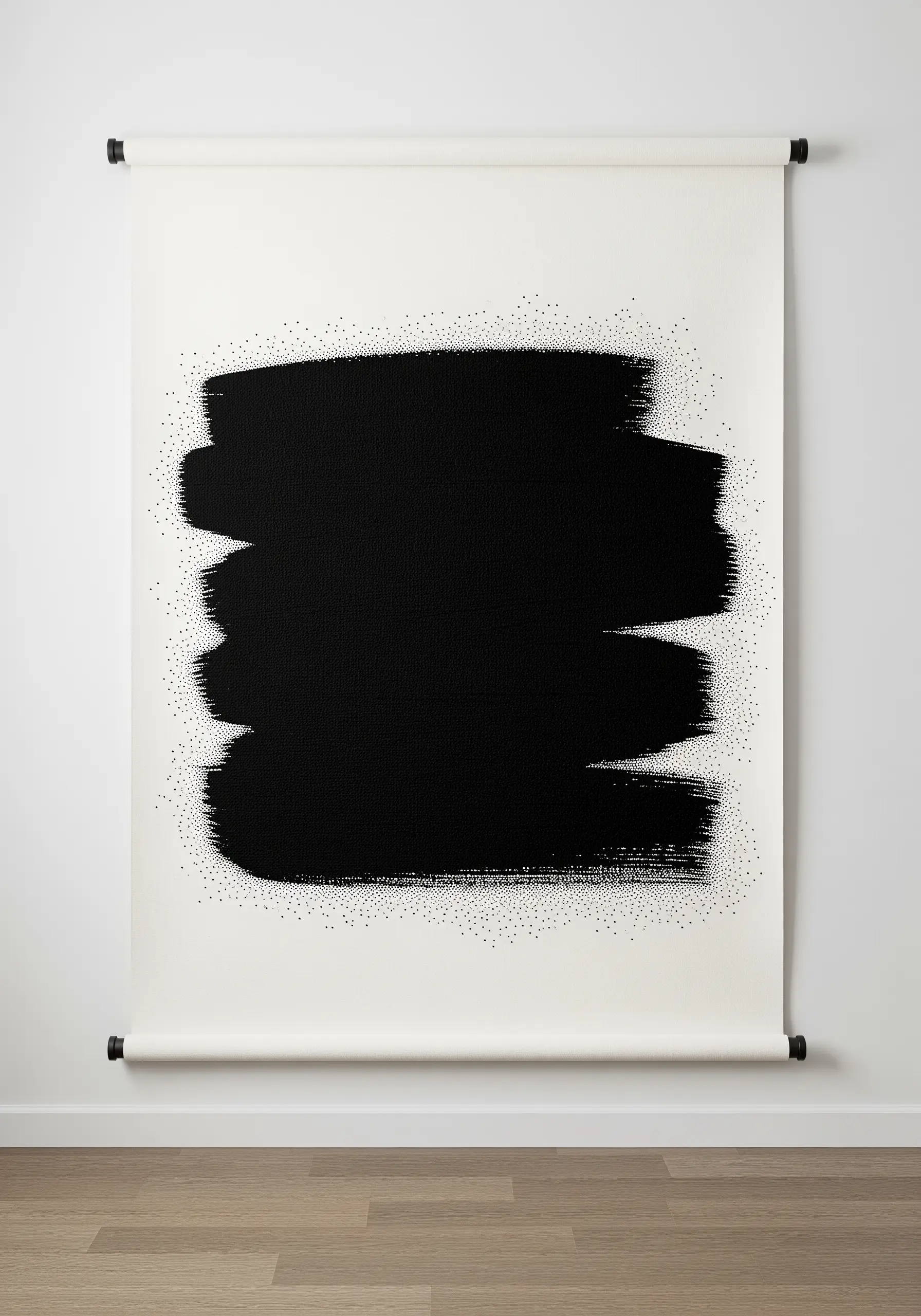 A large black abstract brushstroke created with dense seed stitching on a white scroll.