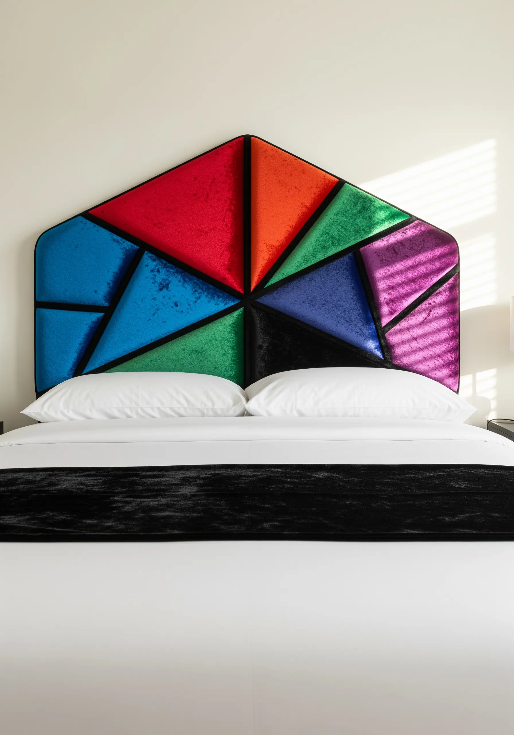 A colorful geometric headboard with black outlines that resembles stained glass.