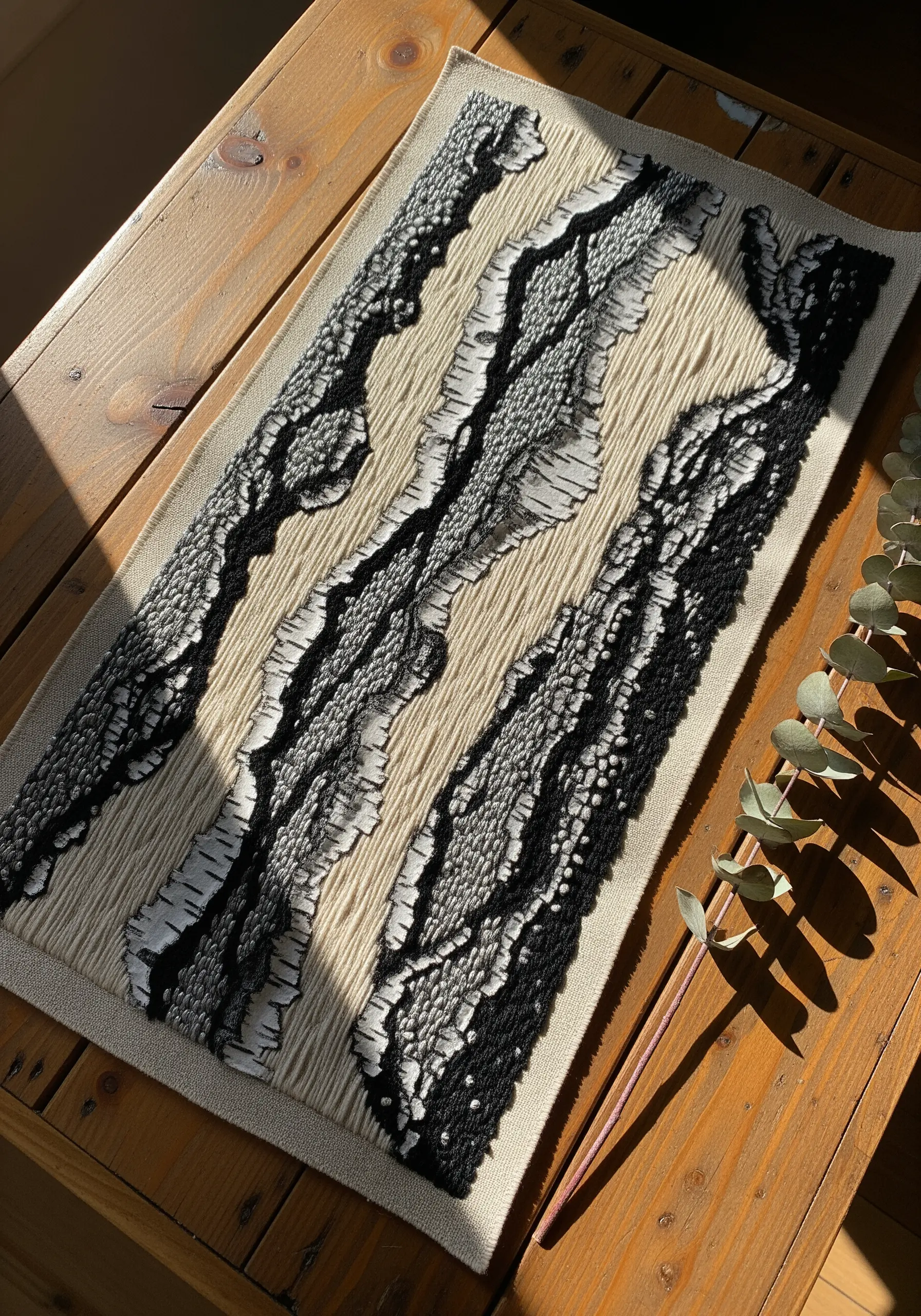 Abstract embroidery of birch bark texture using black, white, and grey threads on a table runner.
