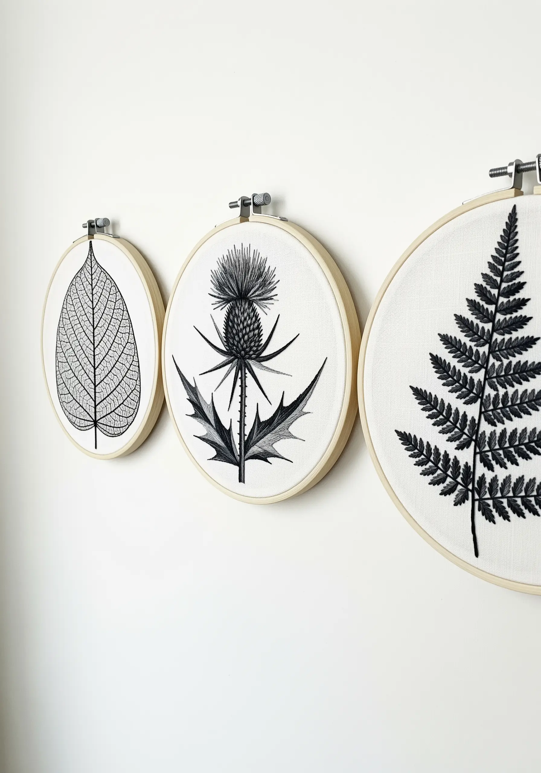 A triptych of blackwork botanical illustrations: a skeleton leaf, a thistle, and a fern.