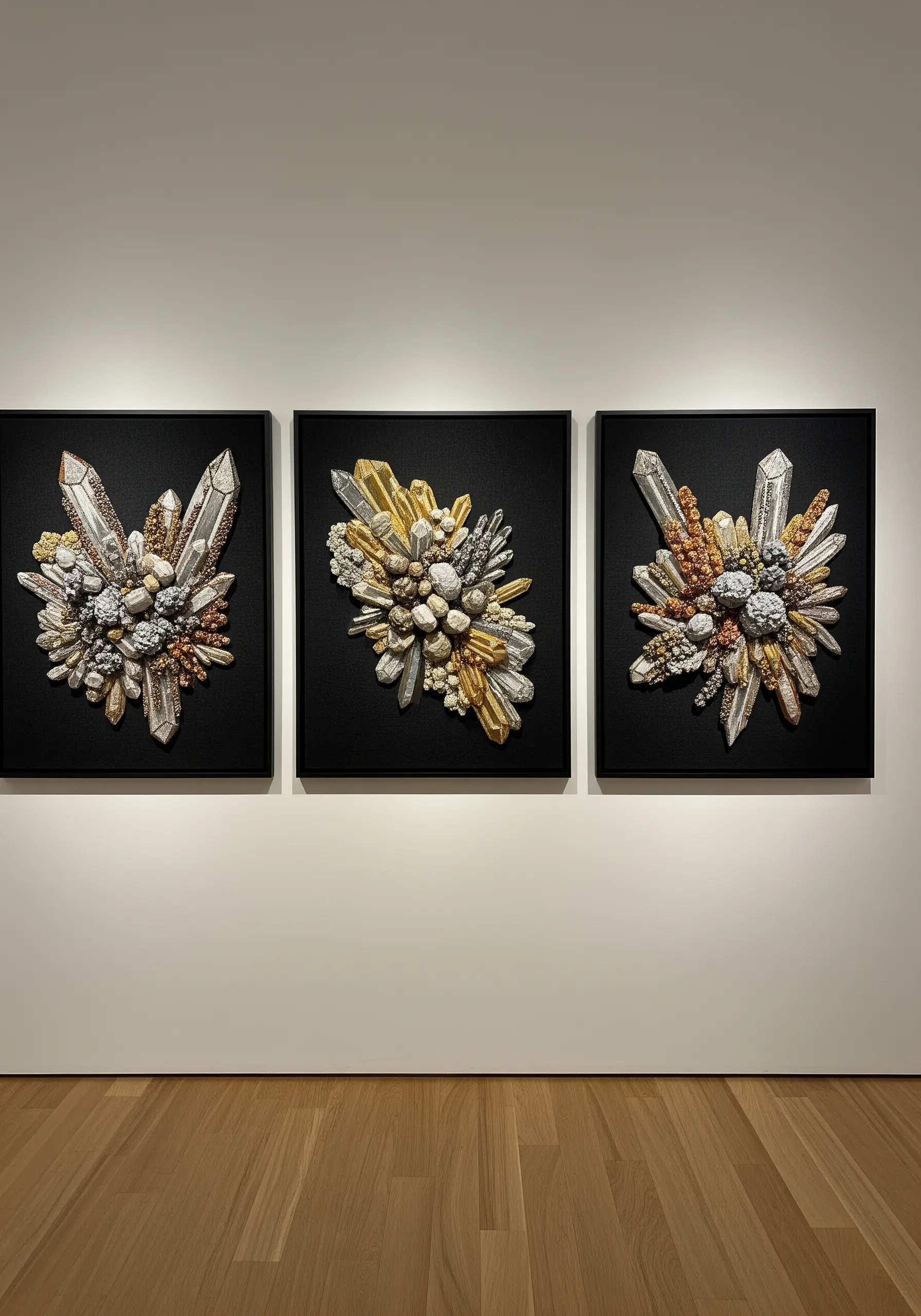 A triptych of artworks depicting crystal clusters using metallic threads and beads on black canvas.