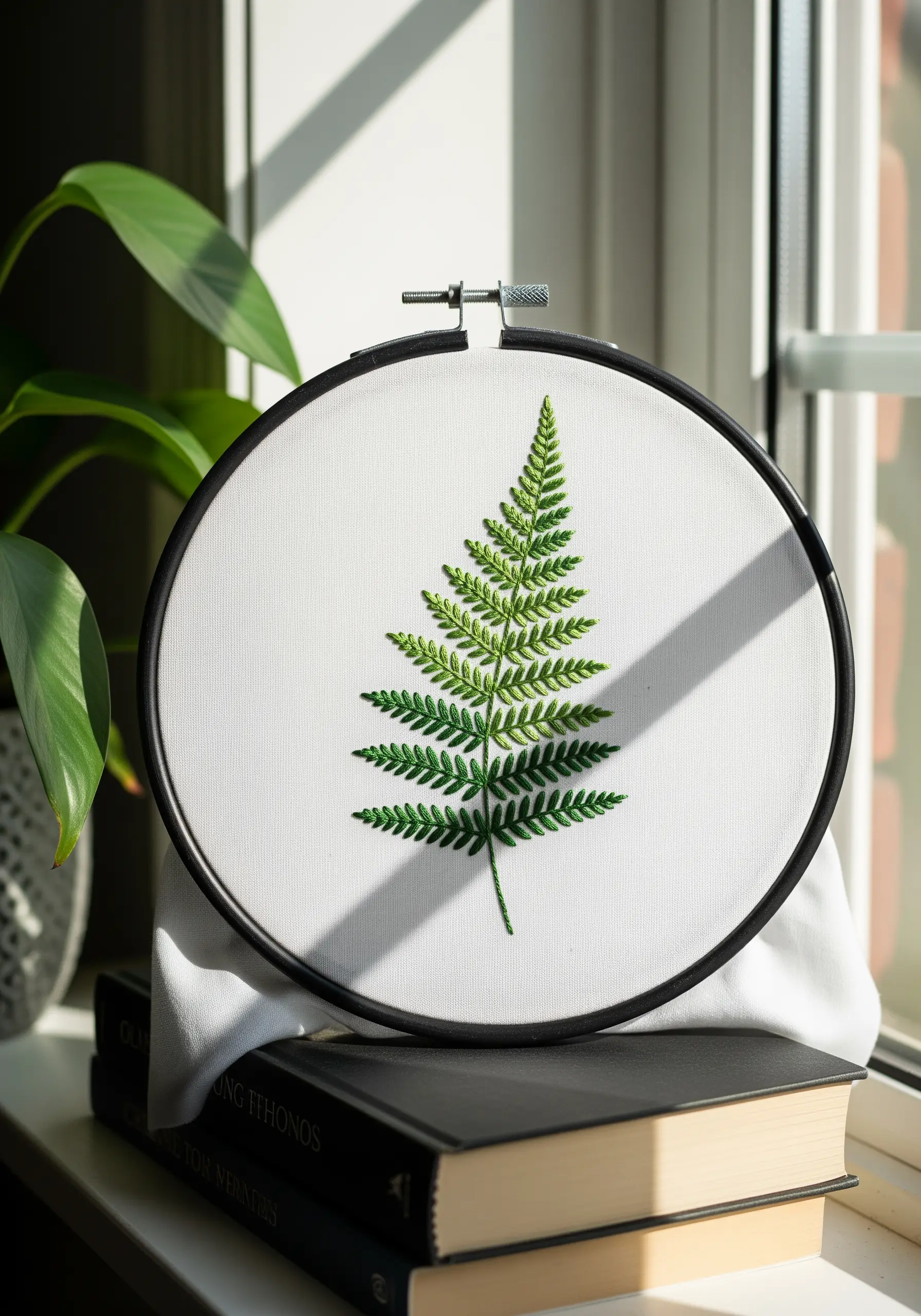 A single, realistic fern frond embroidered in shades of green on white fabric.
