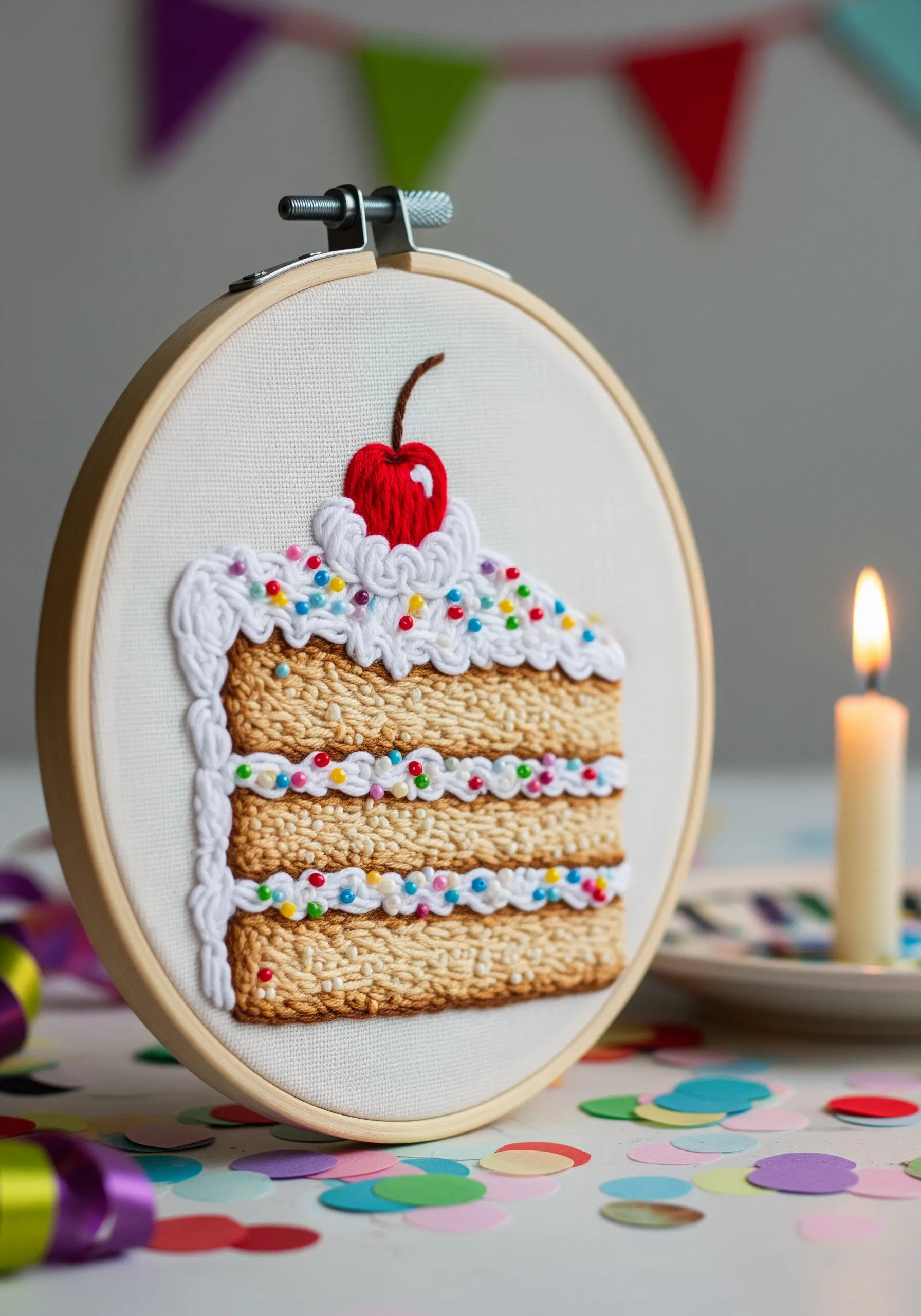 A slice of birthday cake with white icing and sprinkles embroidered in a hoop.