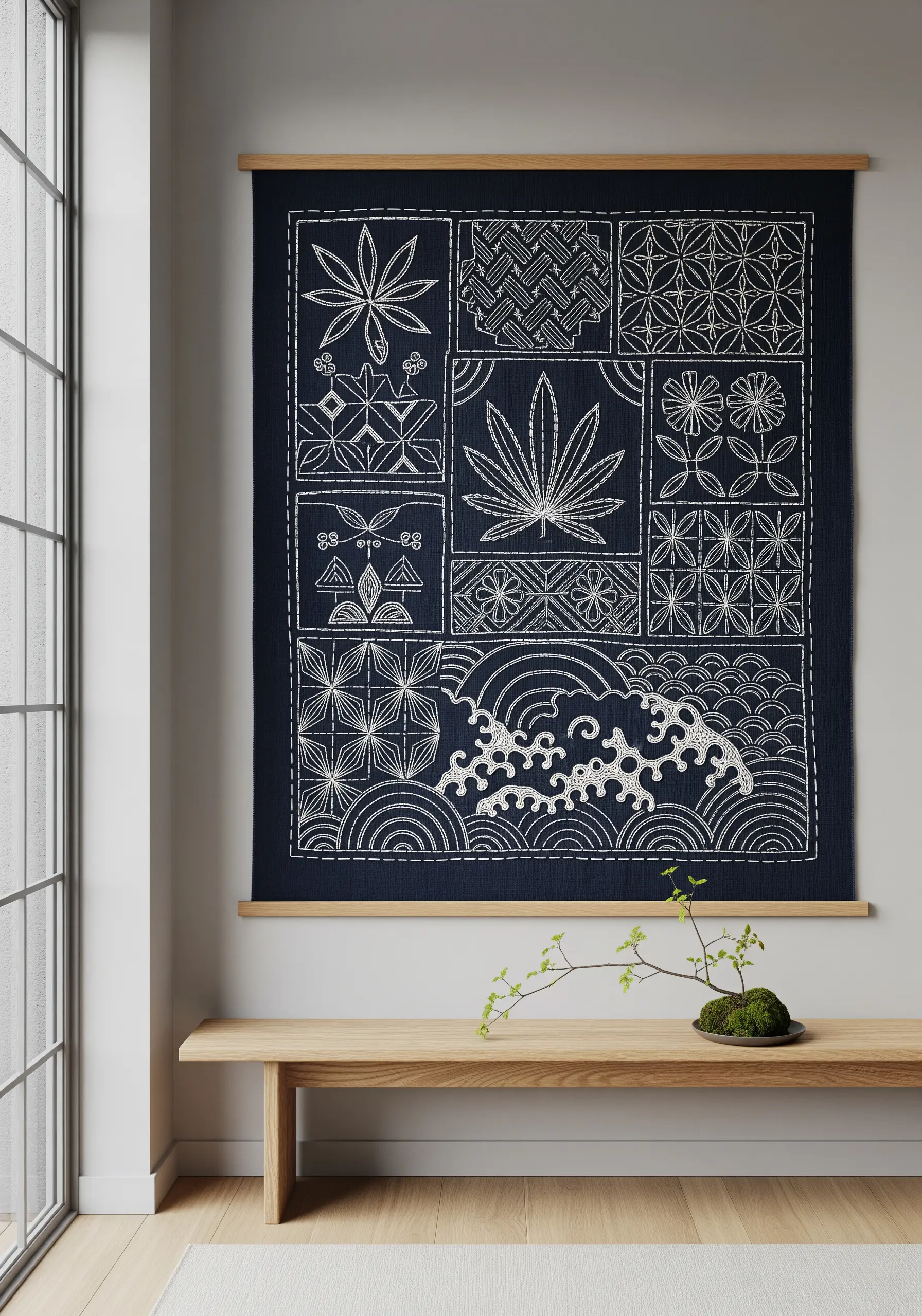 Japanese Sashiko style wall hanging with white thread on dark indigo fabric.