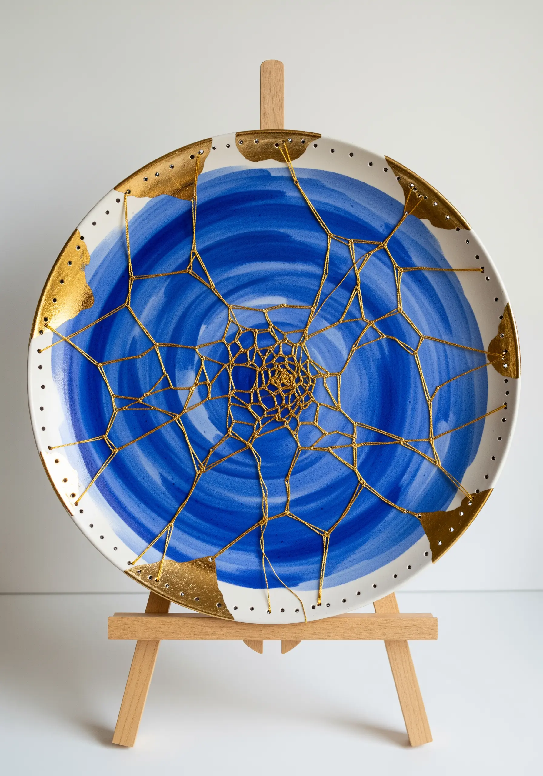A blue and white ceramic plate on an easel, with gold thread stitched through it like Kintsugi repairs.