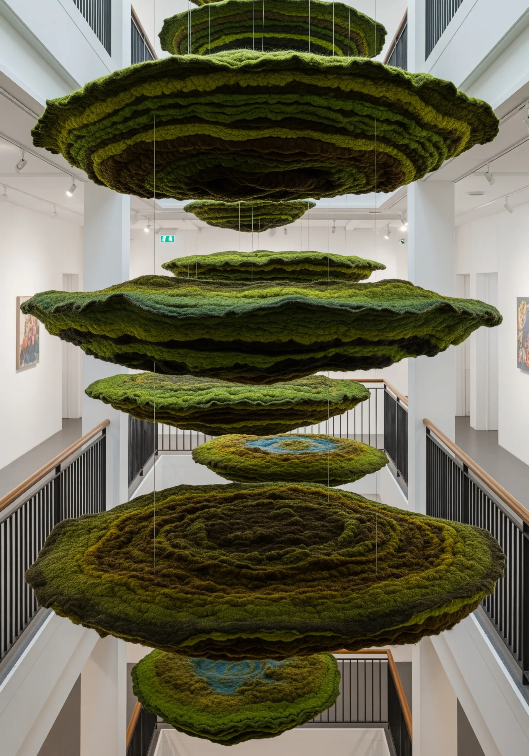 Floating, layered discs of green felted wool that resemble mossy, terraced landscapes.