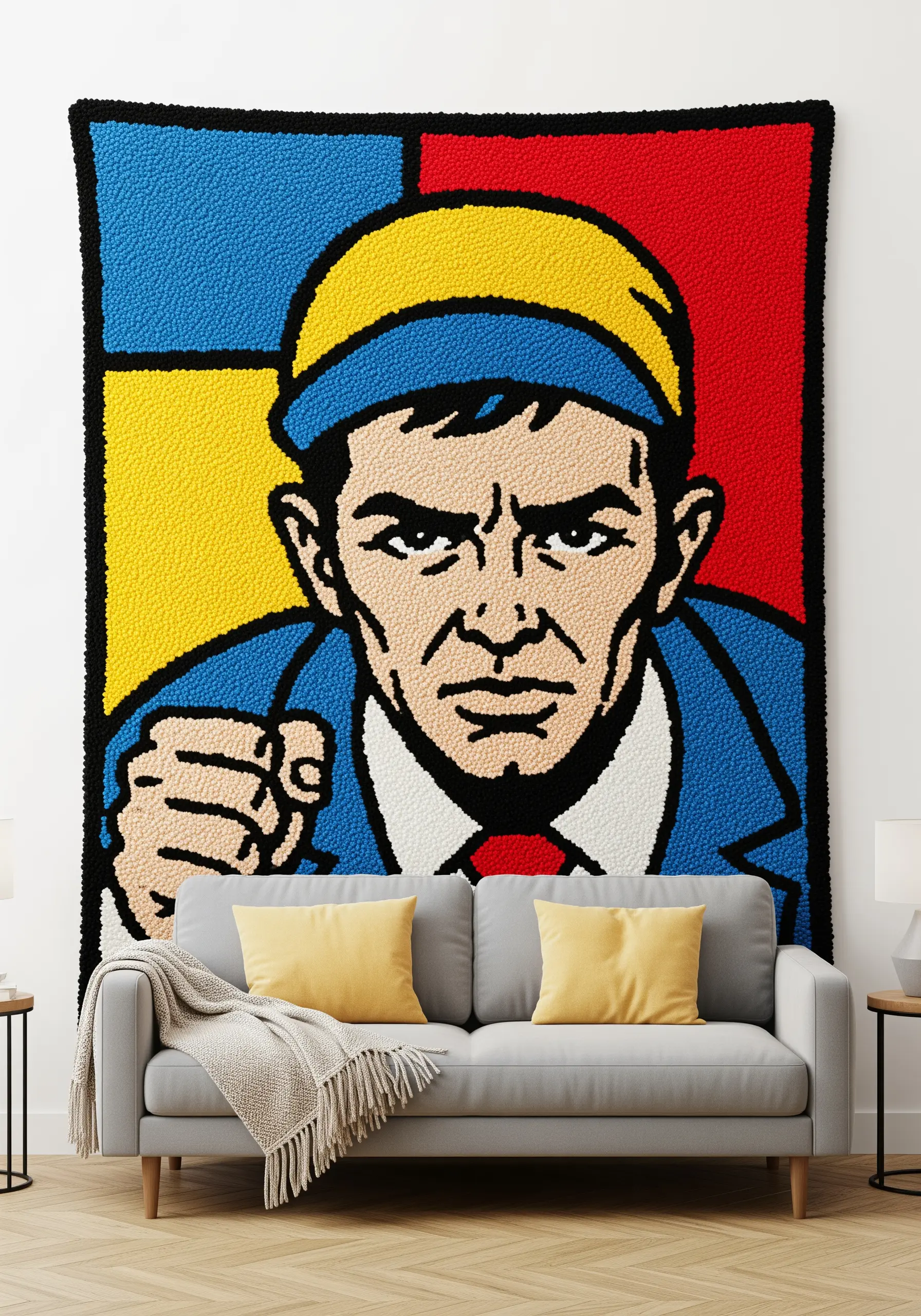 A large punch needle wall hanging depicting a pop art-style portrait with bold colors.