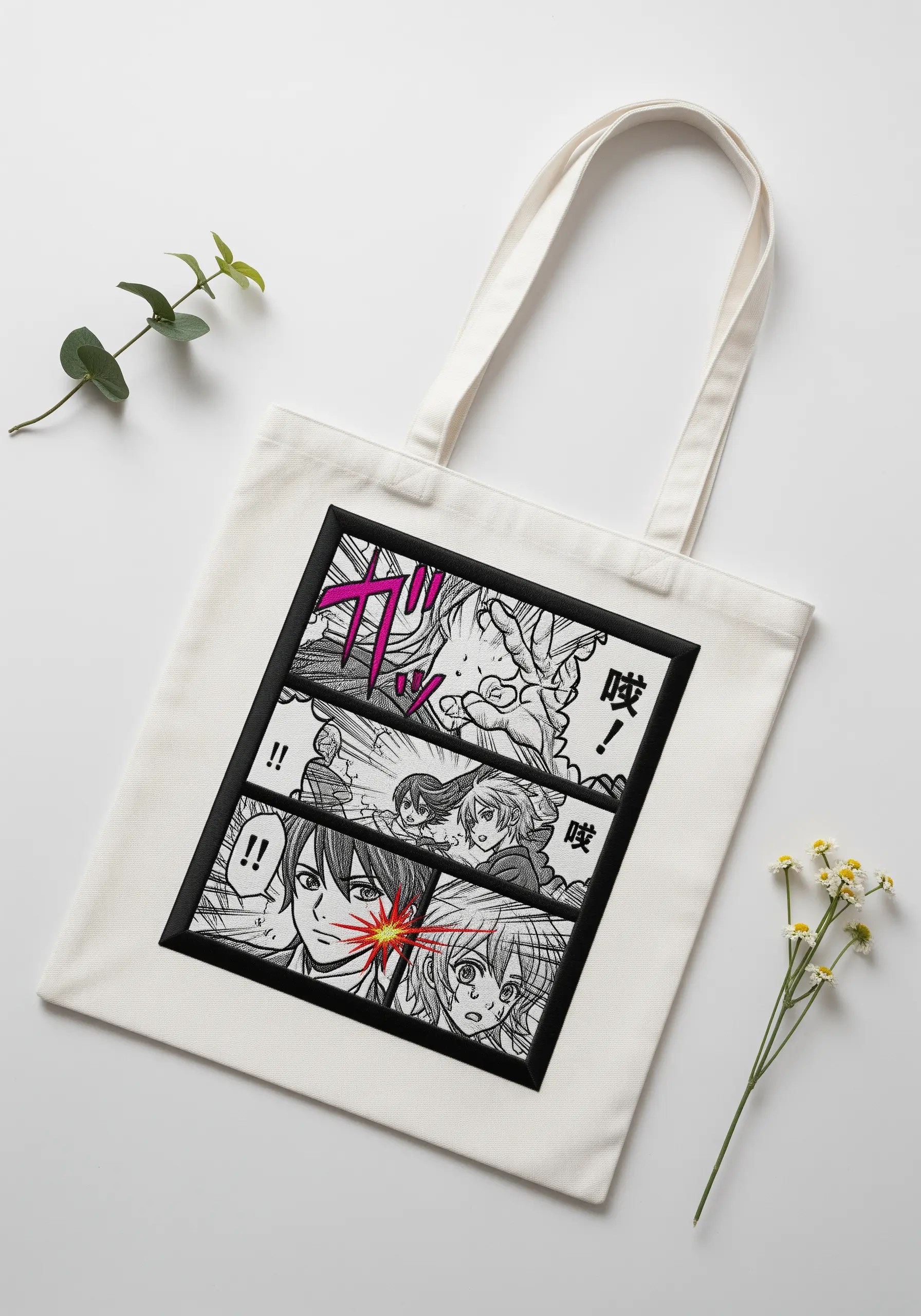 A dynamic manga comic panel embroidered in black and white with pops of color.