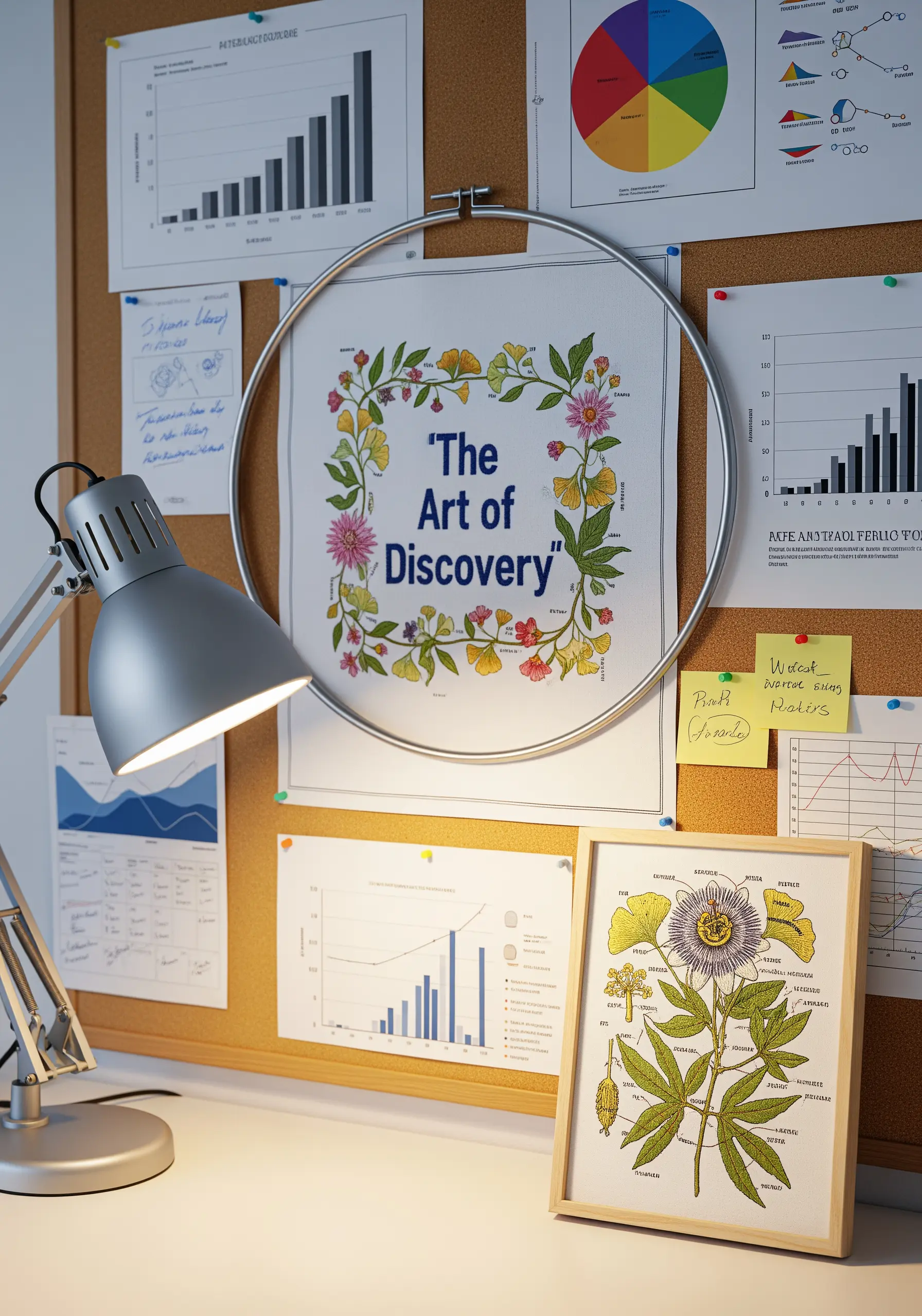 Embroidery designed to look like a scientific botanical illustration with labels.