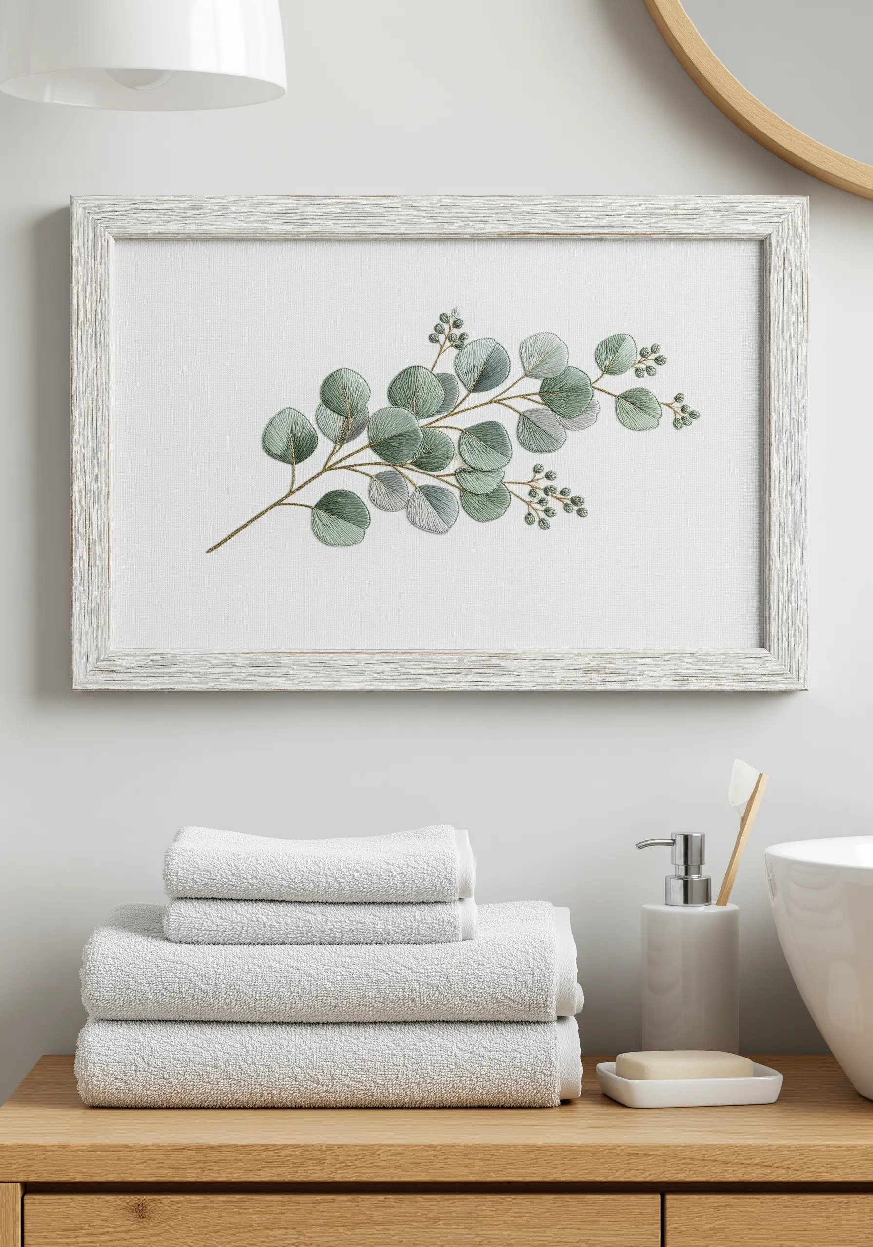 Framed embroidery of a eucalyptus branch with soft green and grey leaves.