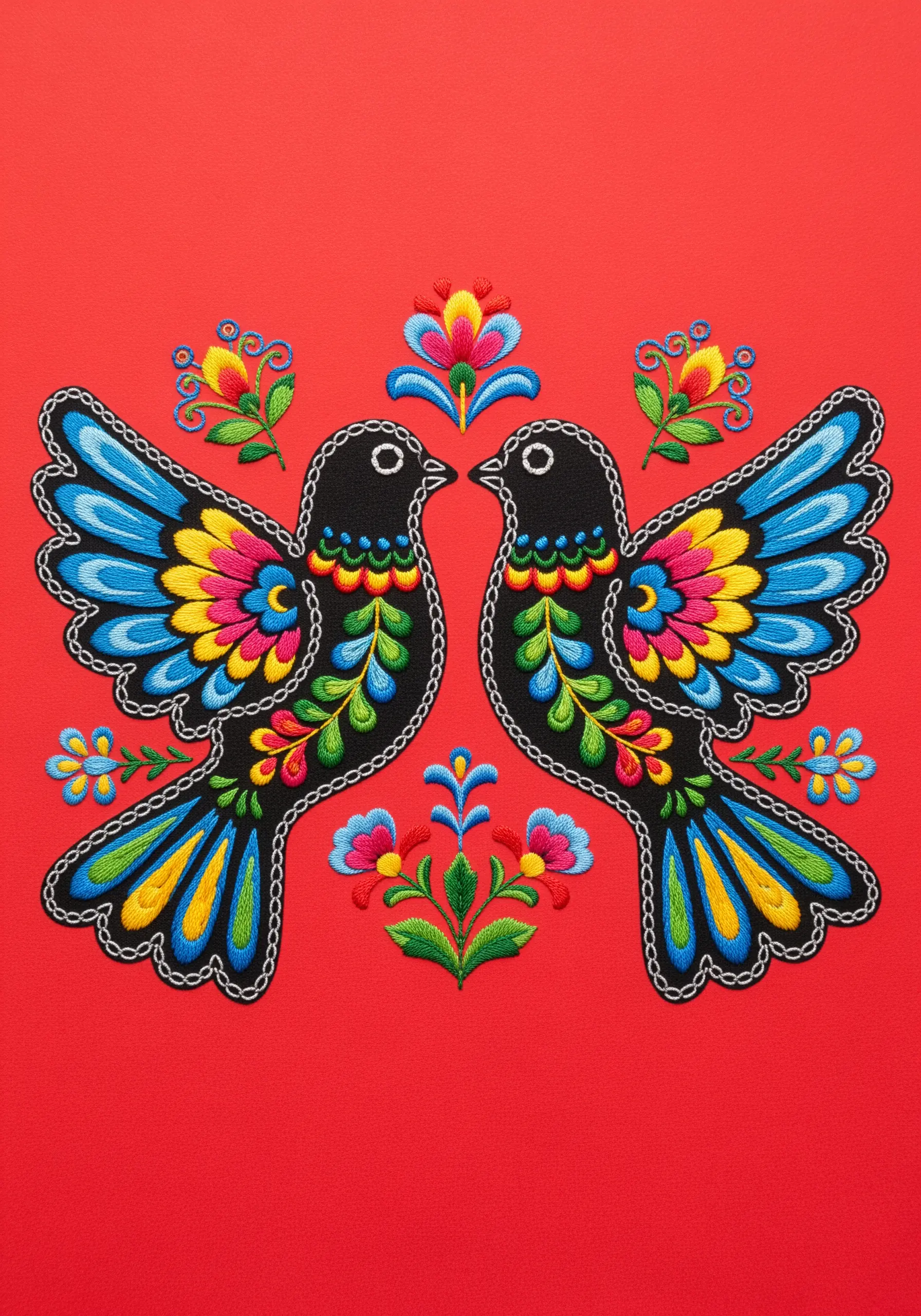 Symmetrical folk art birds embroidered with vibrant, dense satin stitch on red paper.