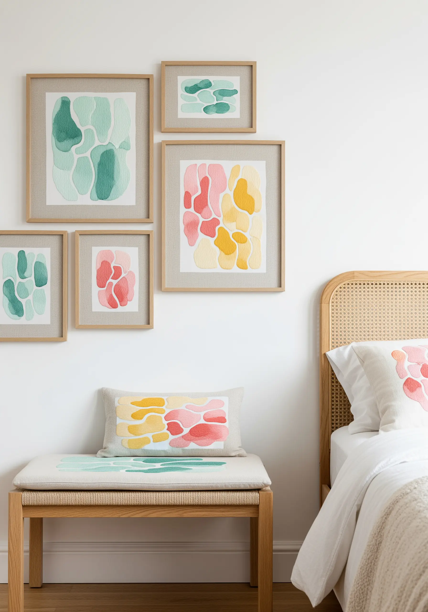 Embroidered cushion with abstract pastel shapes resembling watercolor splotches.