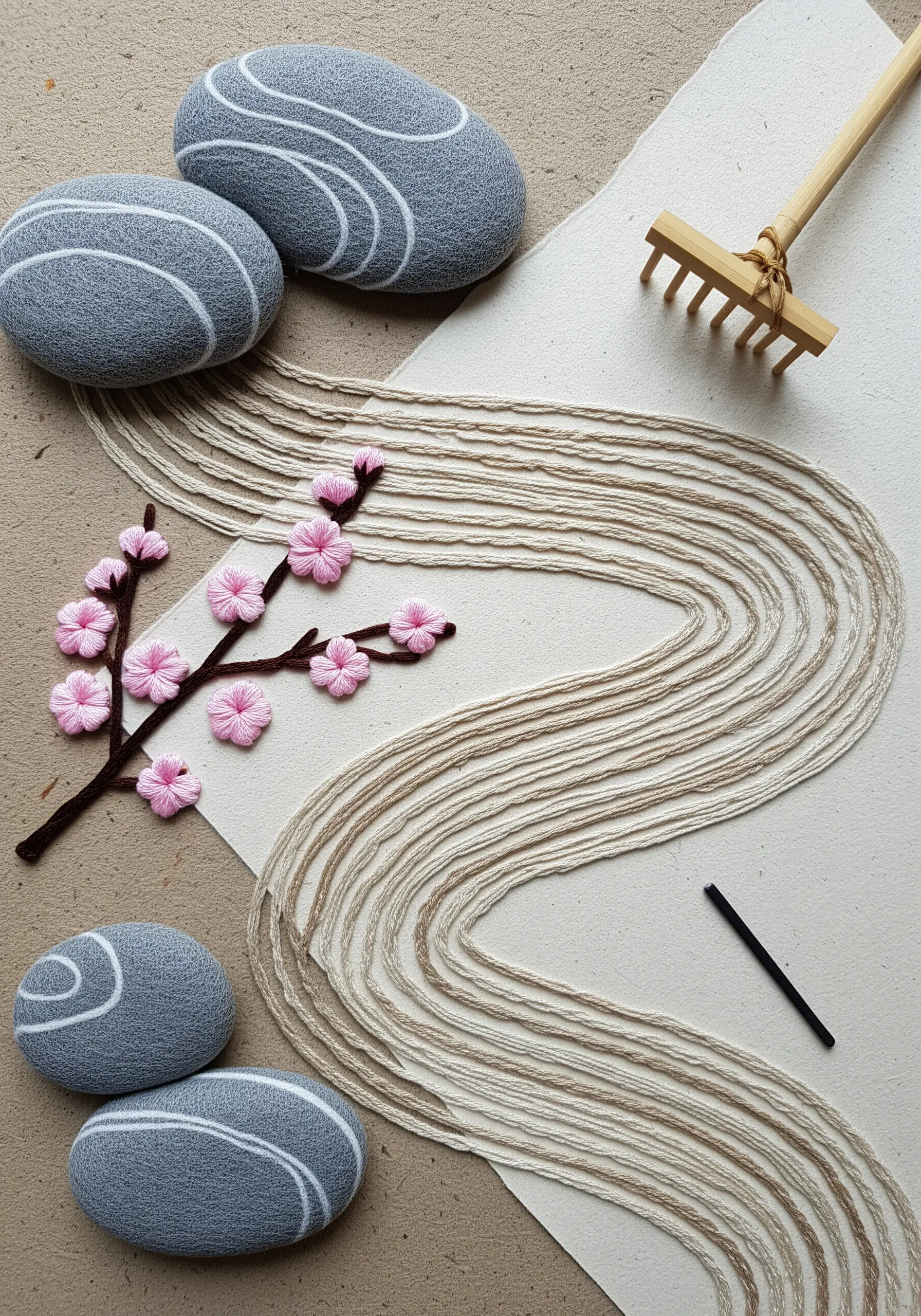 A Zen garden collage with couched jute for sand, stitched pink cherry blossoms, and fabric-covered stones.