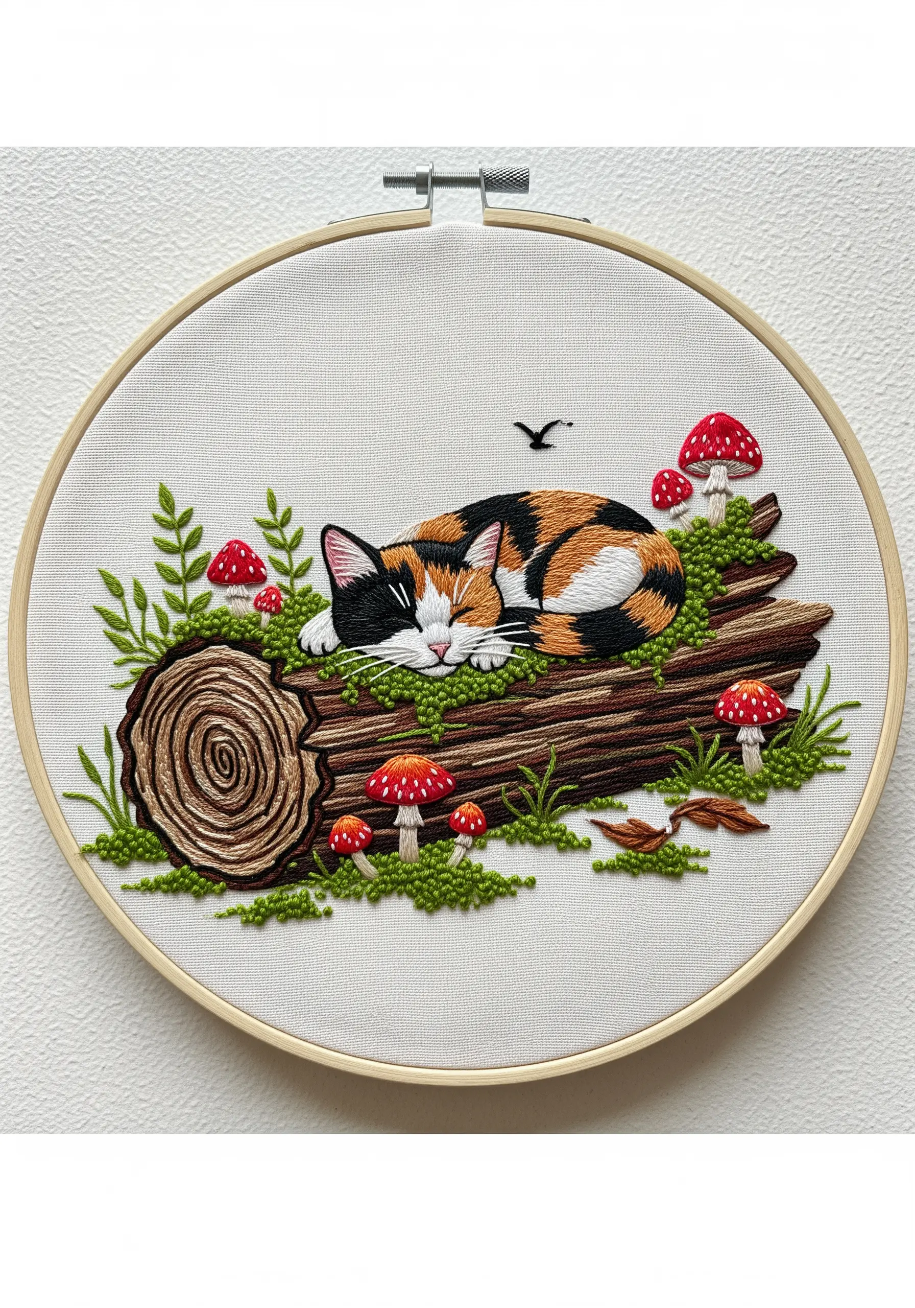 Calico cat sleeping on an embroidered log, surrounded by mossy French knots.