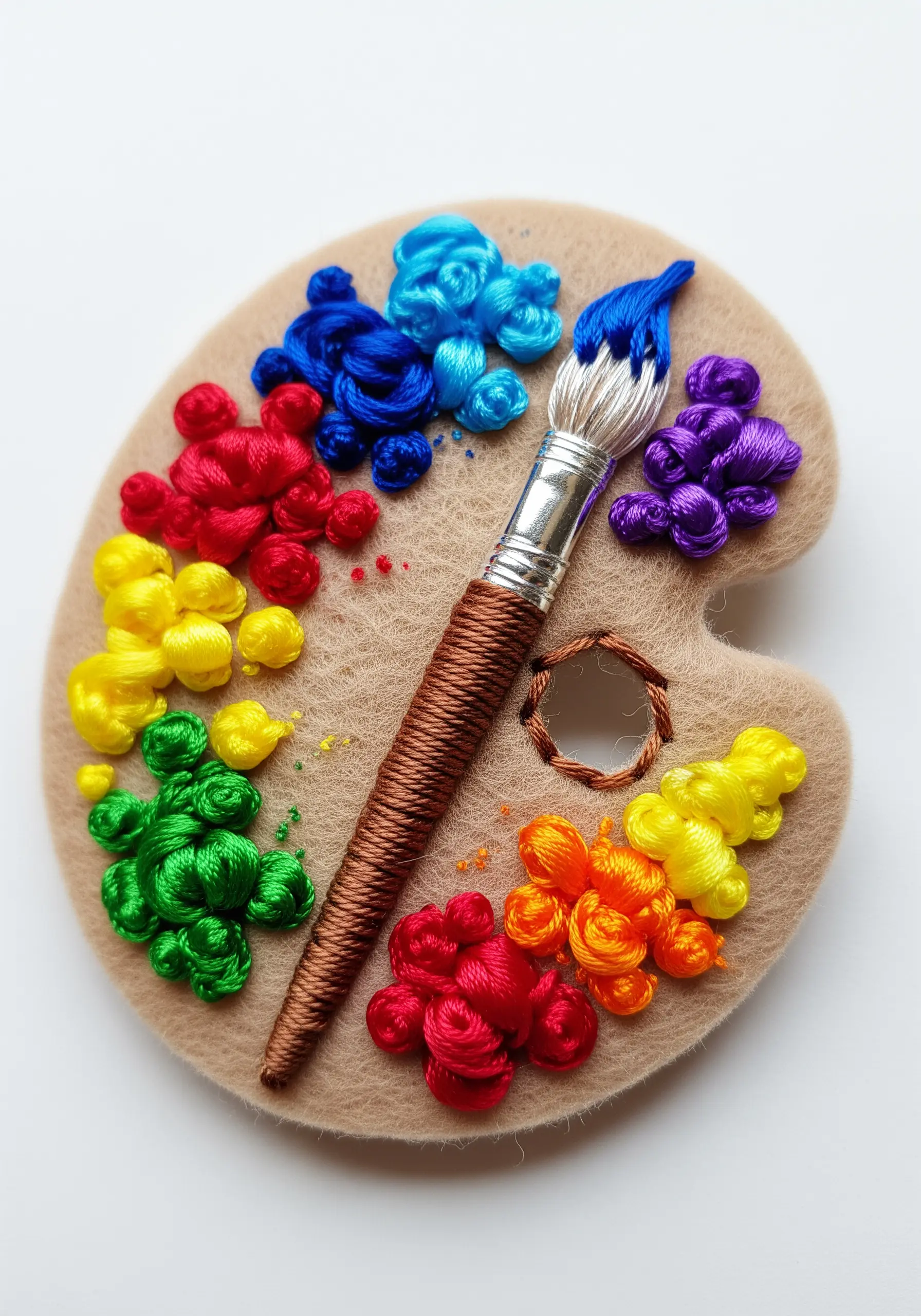 Artist's palette brooch with colorful, textured thread 'paint' and a wrapped paintbrush.