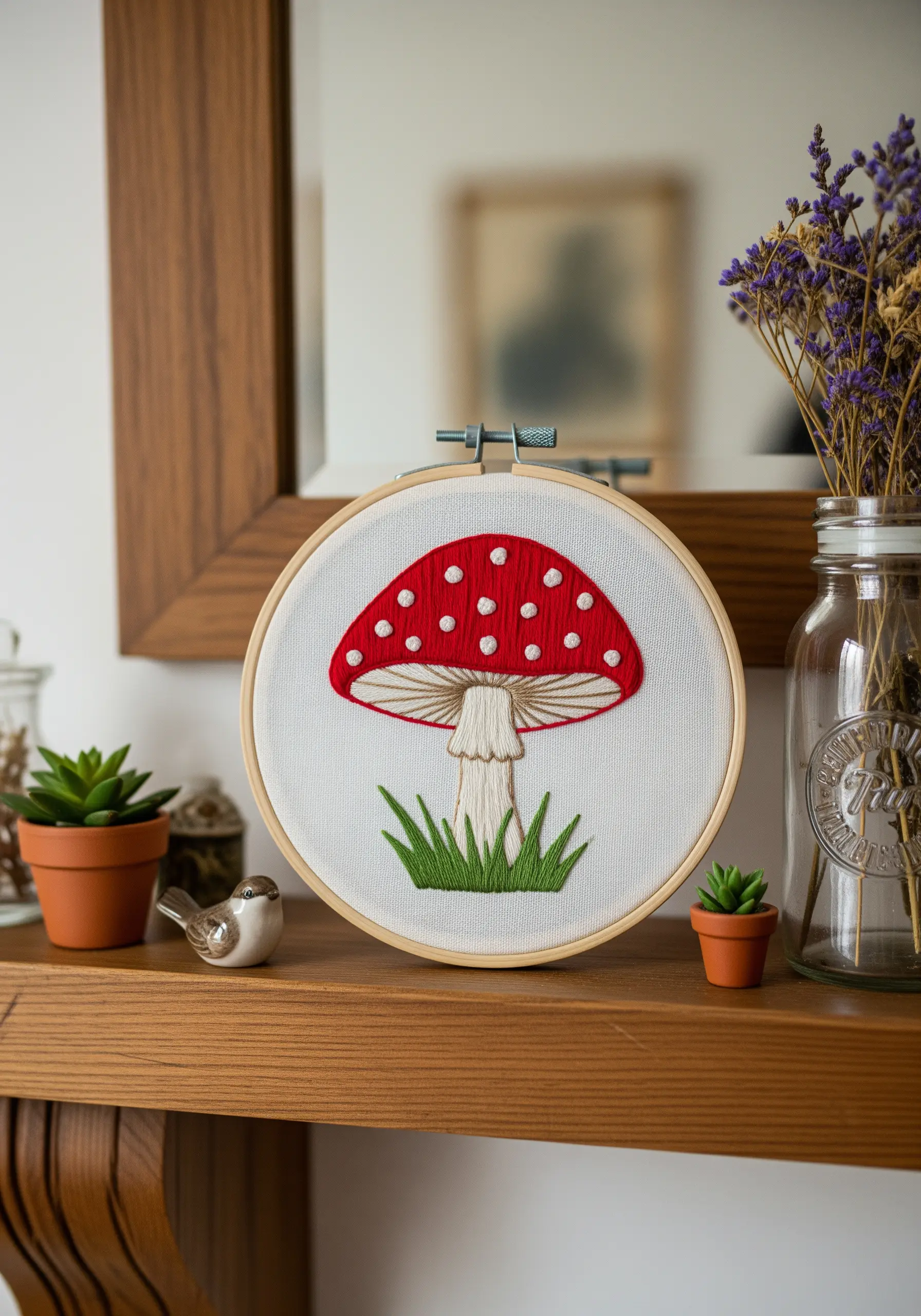Red mushroom fly agaric embroidery with green grass base