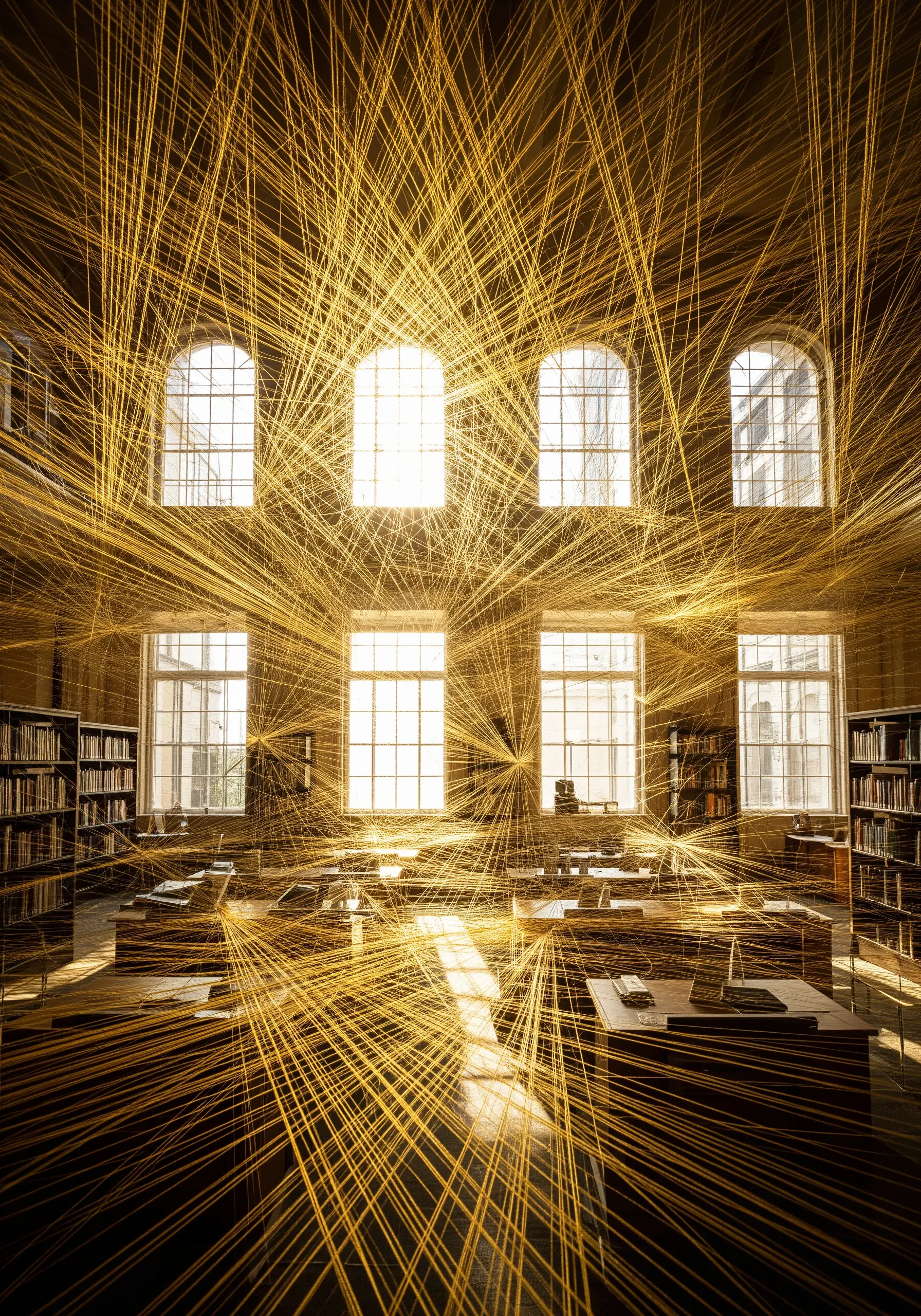 A room filled with thousands of taut golden threads stretched between walls, catching the light.