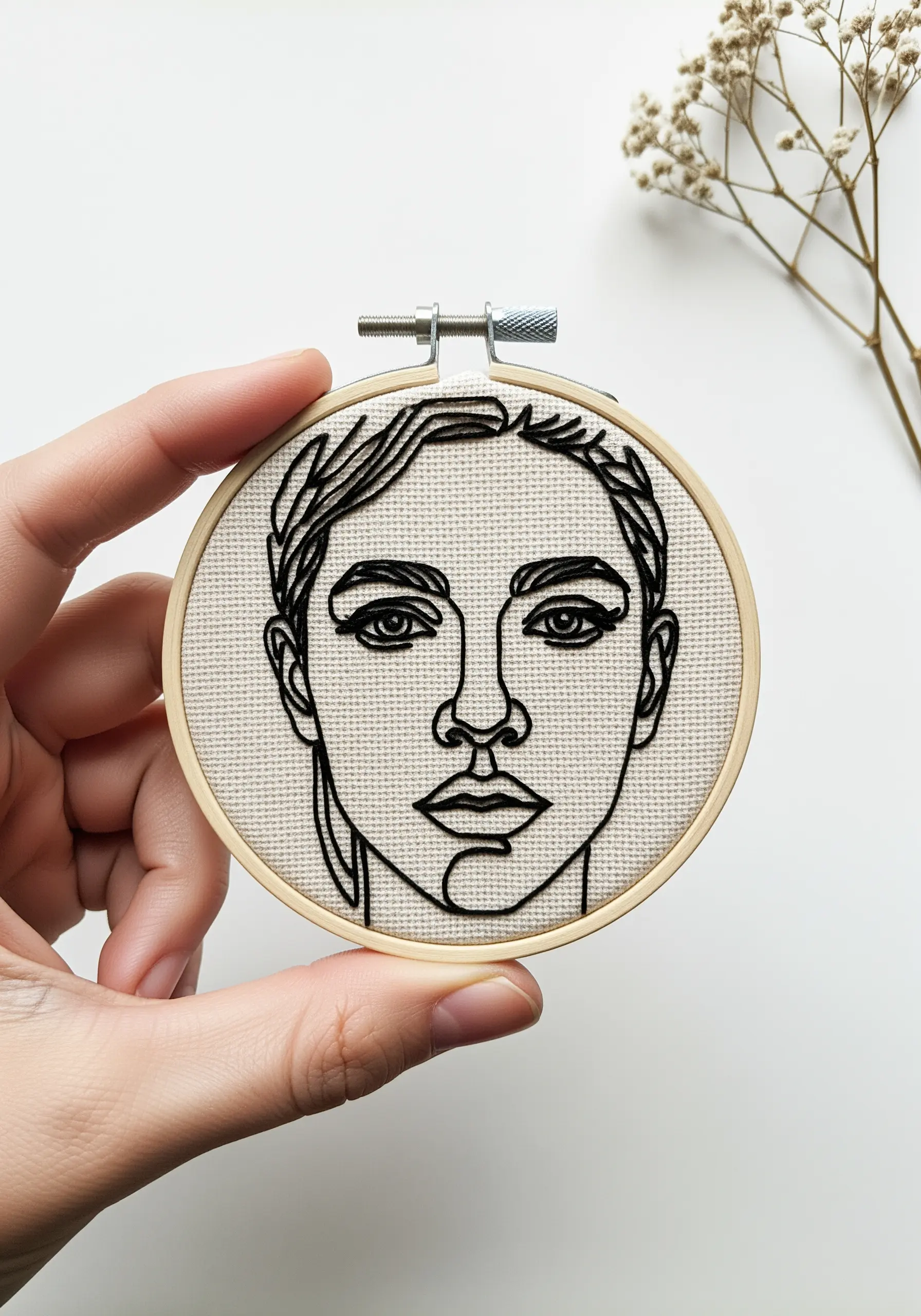 A minimalist line art portrait of a face stitched in black thread on off-white Aida cloth.