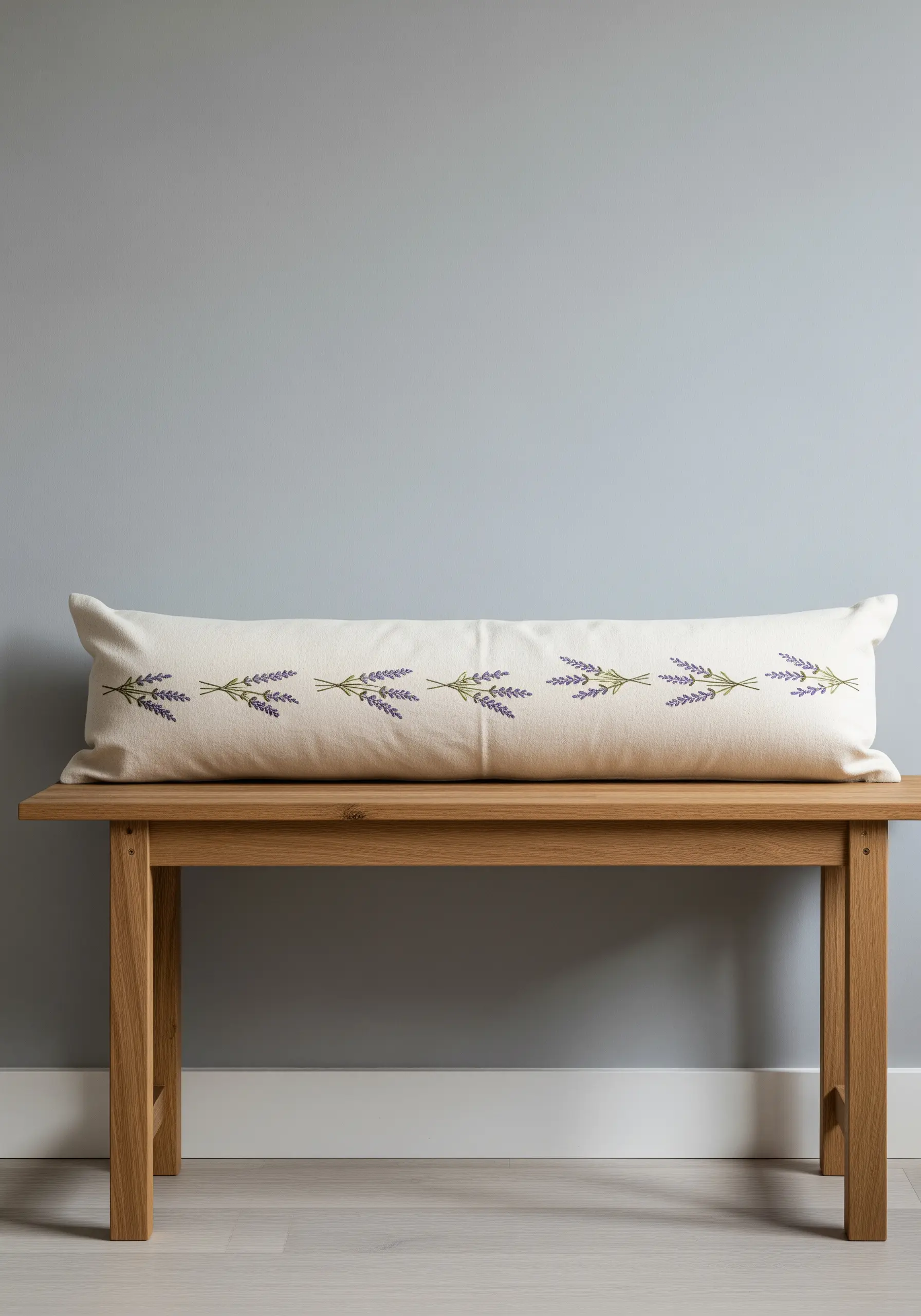 A long lumbar pillow with repeating embroidered lavender sprigs.