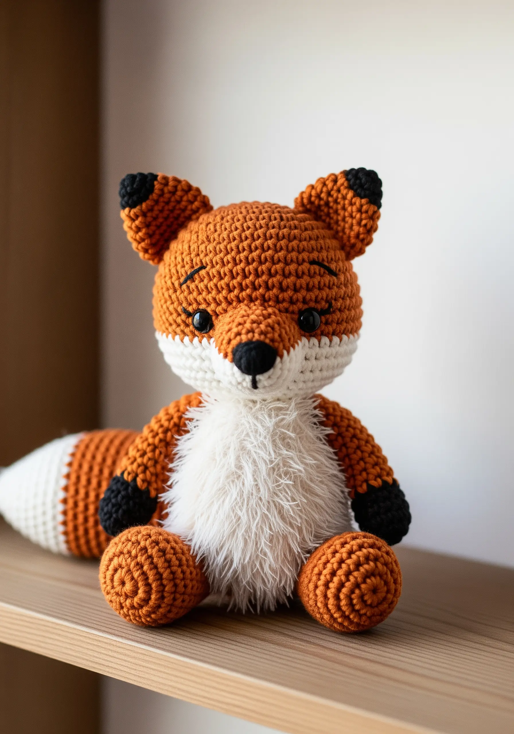 A crocheted amigurumi fox with a realistic fluffy white chest, sitting on a wooden shelf.