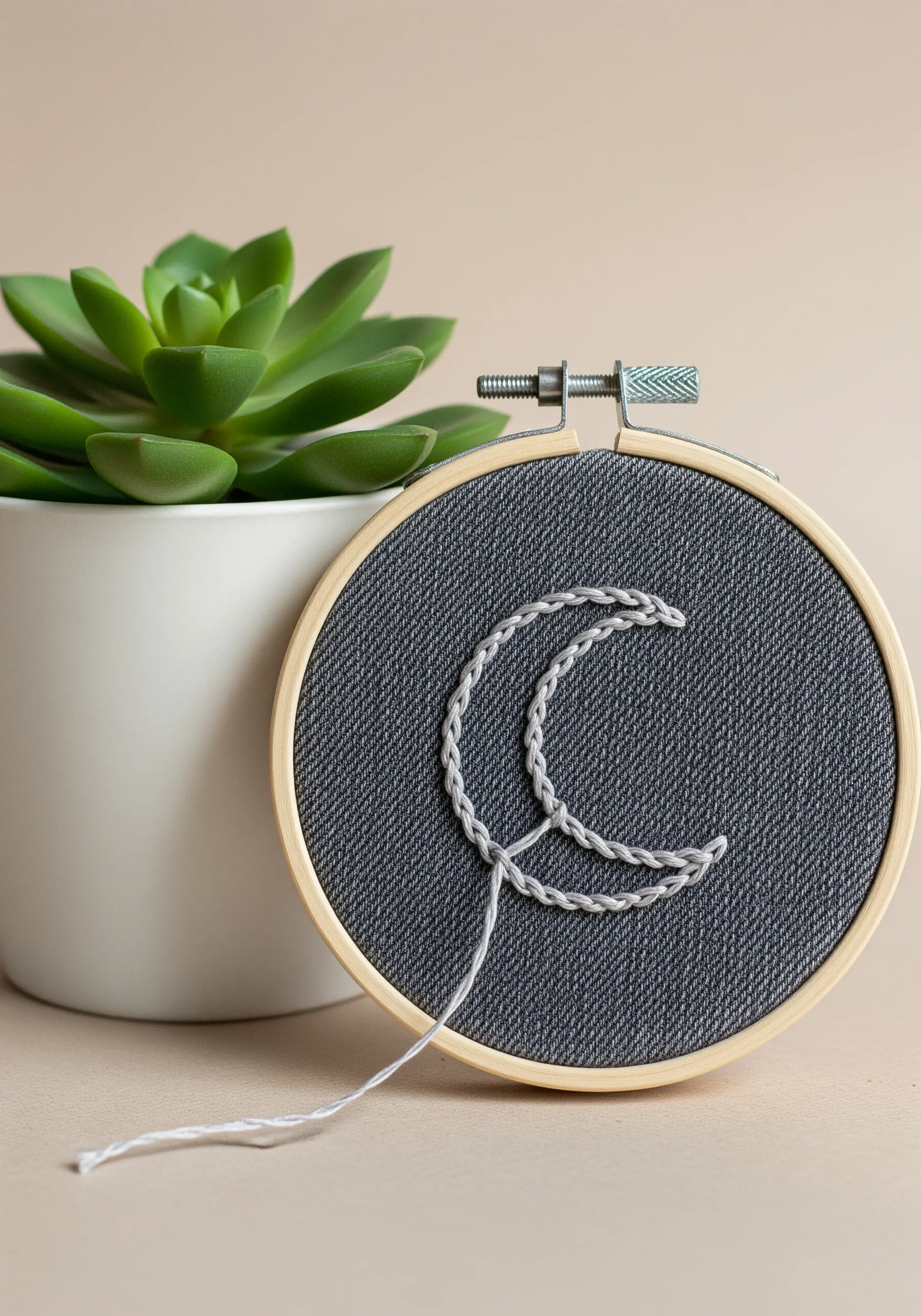 Whipped backstitch crescent moon on dark gray denim fabric.