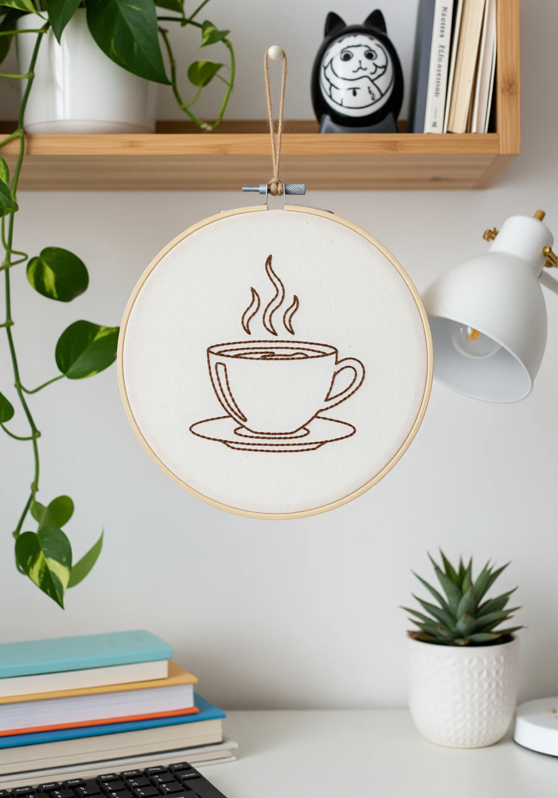 A minimalist coffee cup outline created with brown backstitch on white fabric.